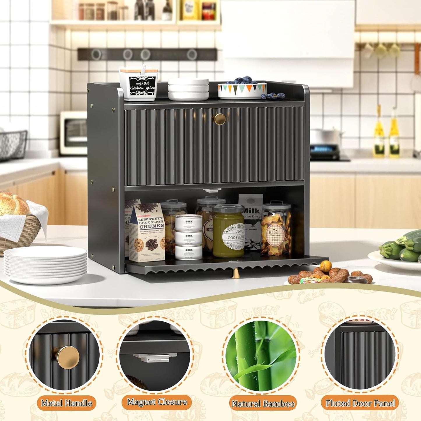 Bread Box for Kitchen Countertop, Large Bread Storage Container for Homemade Bread, Double Layer Farmhouse Breadbox