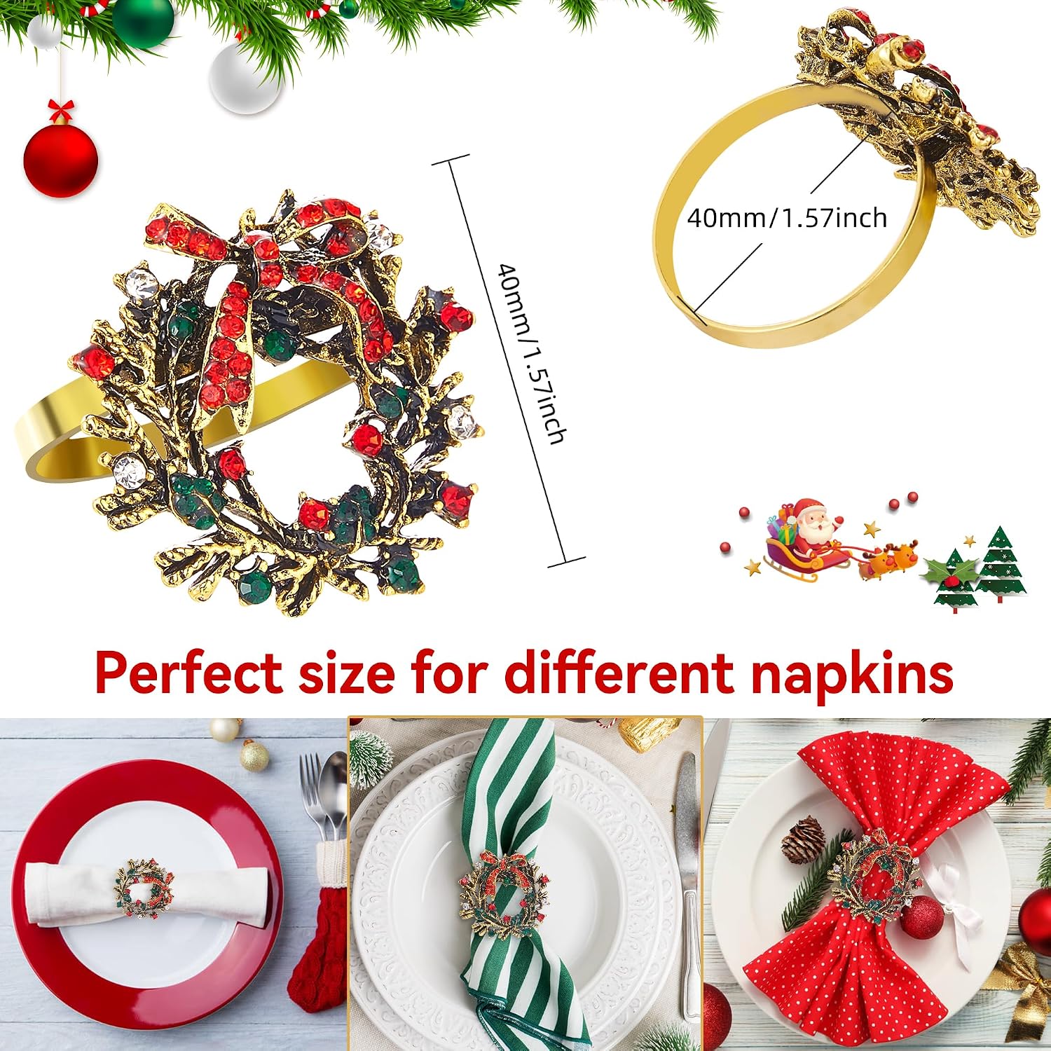 Christmas Wreath Napkin Rings Set of 24, Holiday Christmas Napkin Ring Holders for Cloth Napkins, Serviette Buckles for