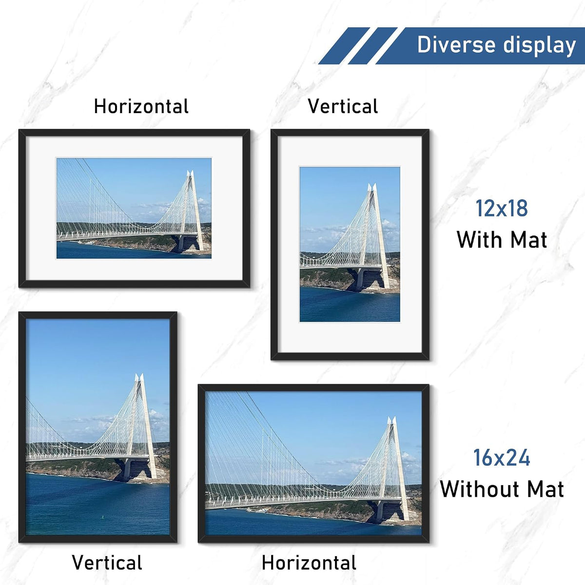 Wiscet 16x24 Picture Frame Set of 4, for Wall Mounting, Black | Display Picture 12x18 with Mat or 16x24 Poster Frame