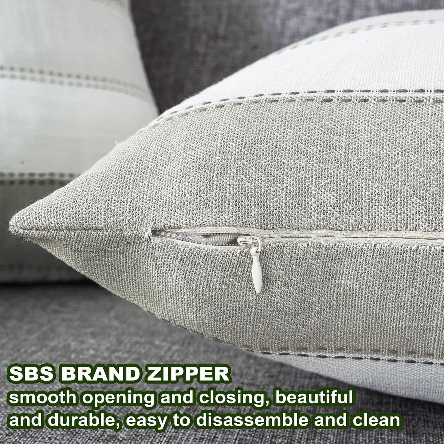 Farmhouse Stripe Check Throw Pillow Covers Set Case Cotton / 18 x 18 / Light Gray Beige / Set of 2