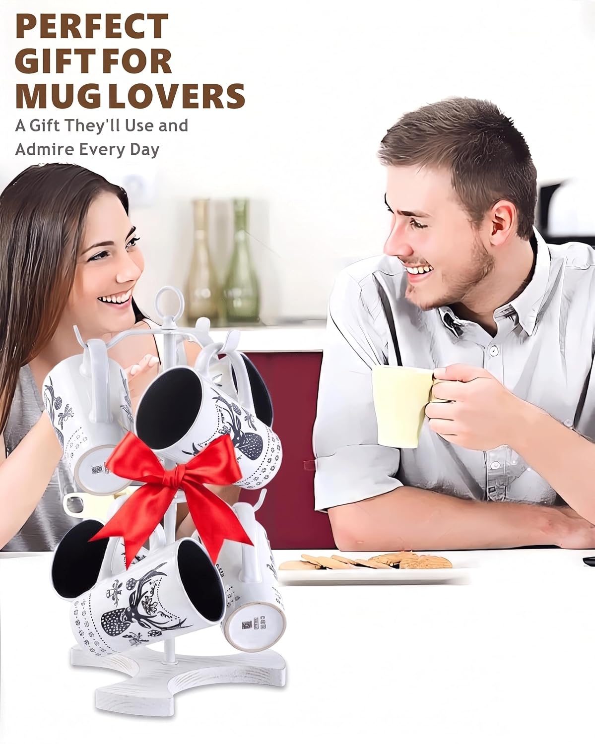 2-Tier White Coffee Mug Holder for Countertop, Mug Tree with 6 Spaced Hooks for Large Mugs, Metal Coffee Cup Rack with