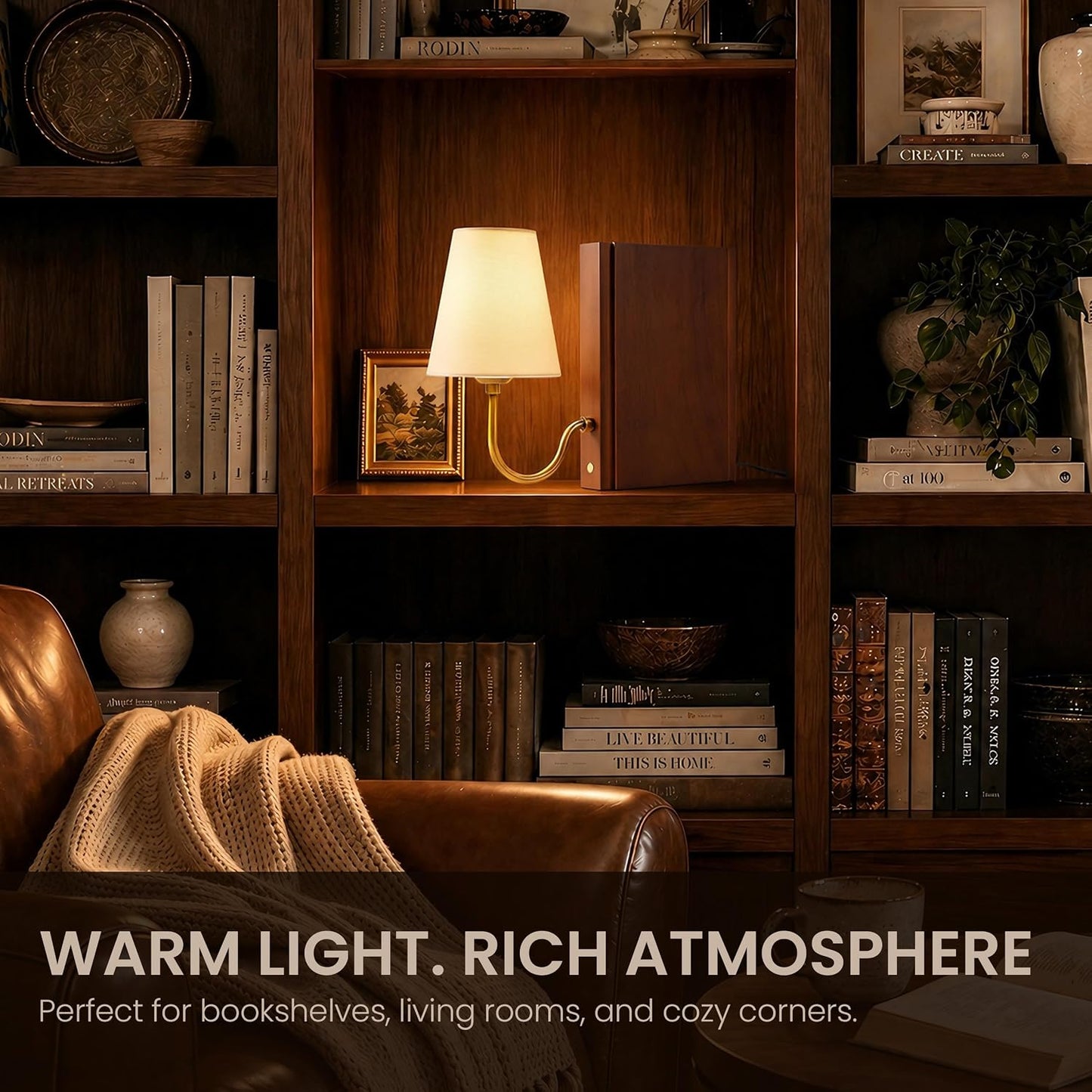 Solid Wood Bookshelf Lamp with Bulb, 3-Color Touch Control Dimmable Table Lamp with Linen Shade, Modern Decorative