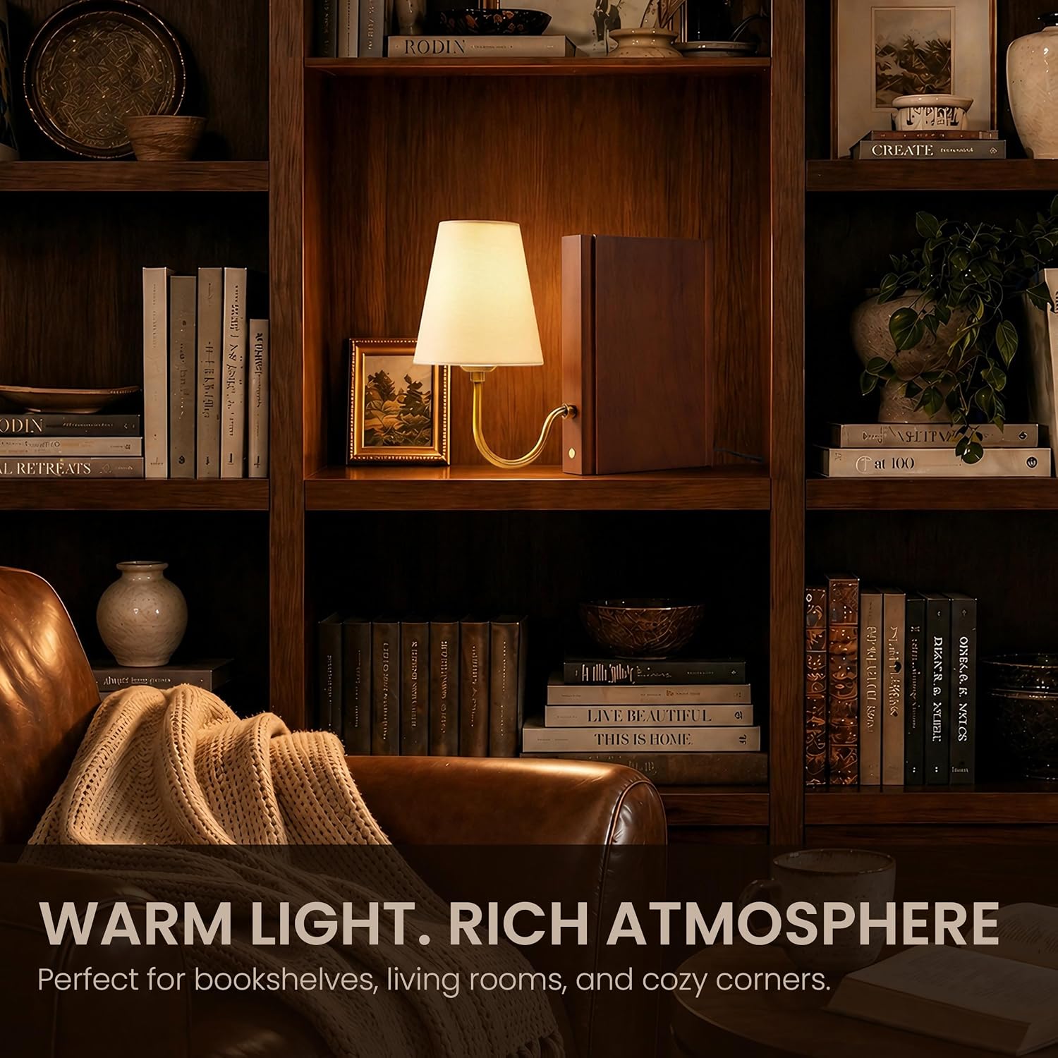 Solid Wood Bookshelf Lamp with Bulb, 3-Color Touch Control Dimmable Table Lamp with Linen Shade, Modern Decorative