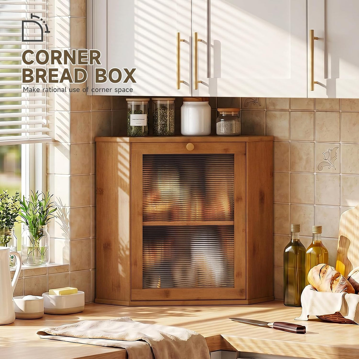 Bread Box for Kitchen Corner Countertop,Large Bread Basket (Brown, X-Large) | Double Layer Bamboo Bread Storage