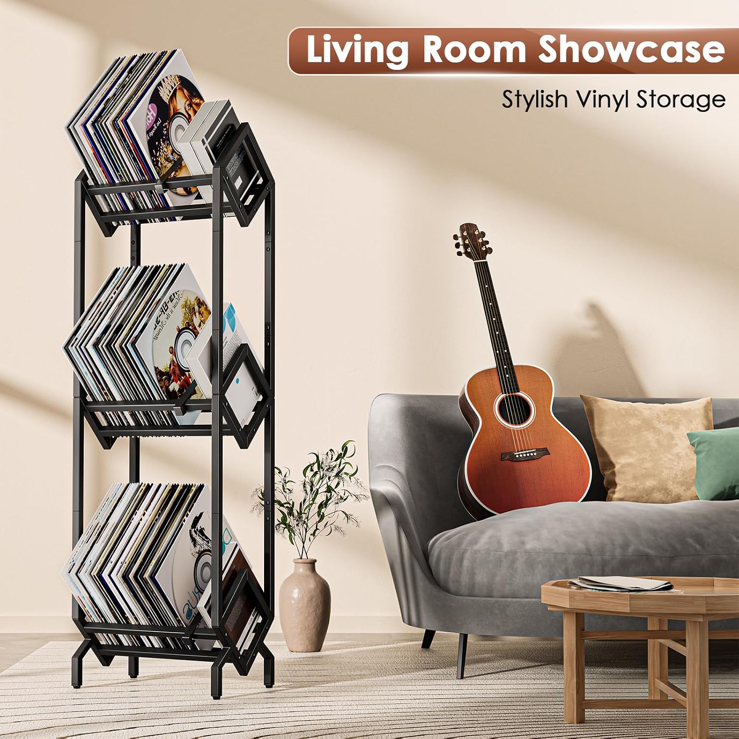 Vinyl Record Storage Rack, Record Holder 260-280 LP Storage Shelf Display Stand for Albums Books Magazines Files, Black