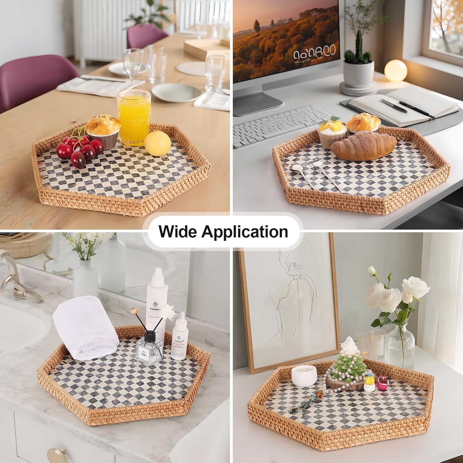 Hexagon Rattan Tray / Black Checker