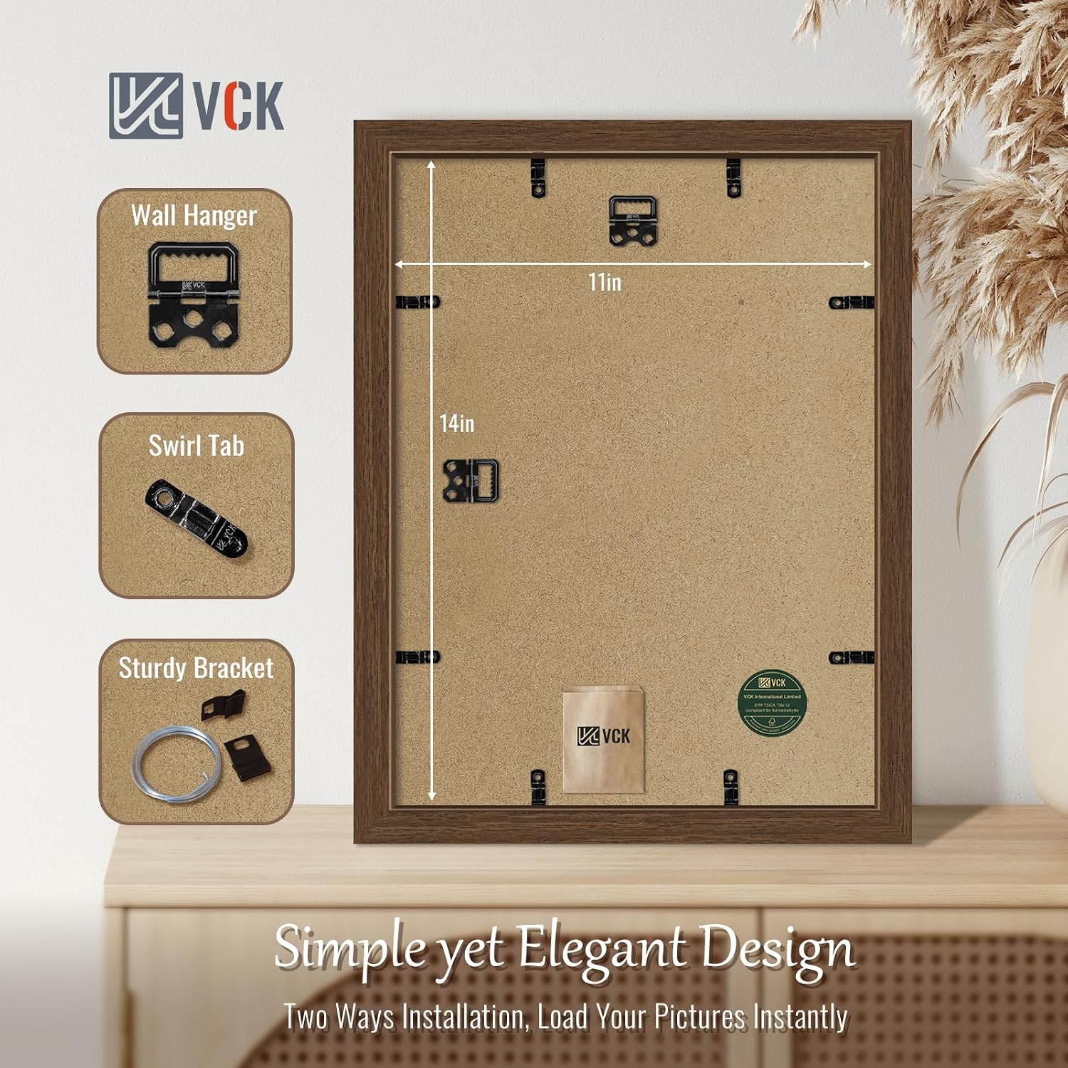VCK 11x14 Picture Frame Brown 4 Pack, Wide Thick Wood Border, for Prints | Exclusive Woodgrain, Wall Hanging, HD