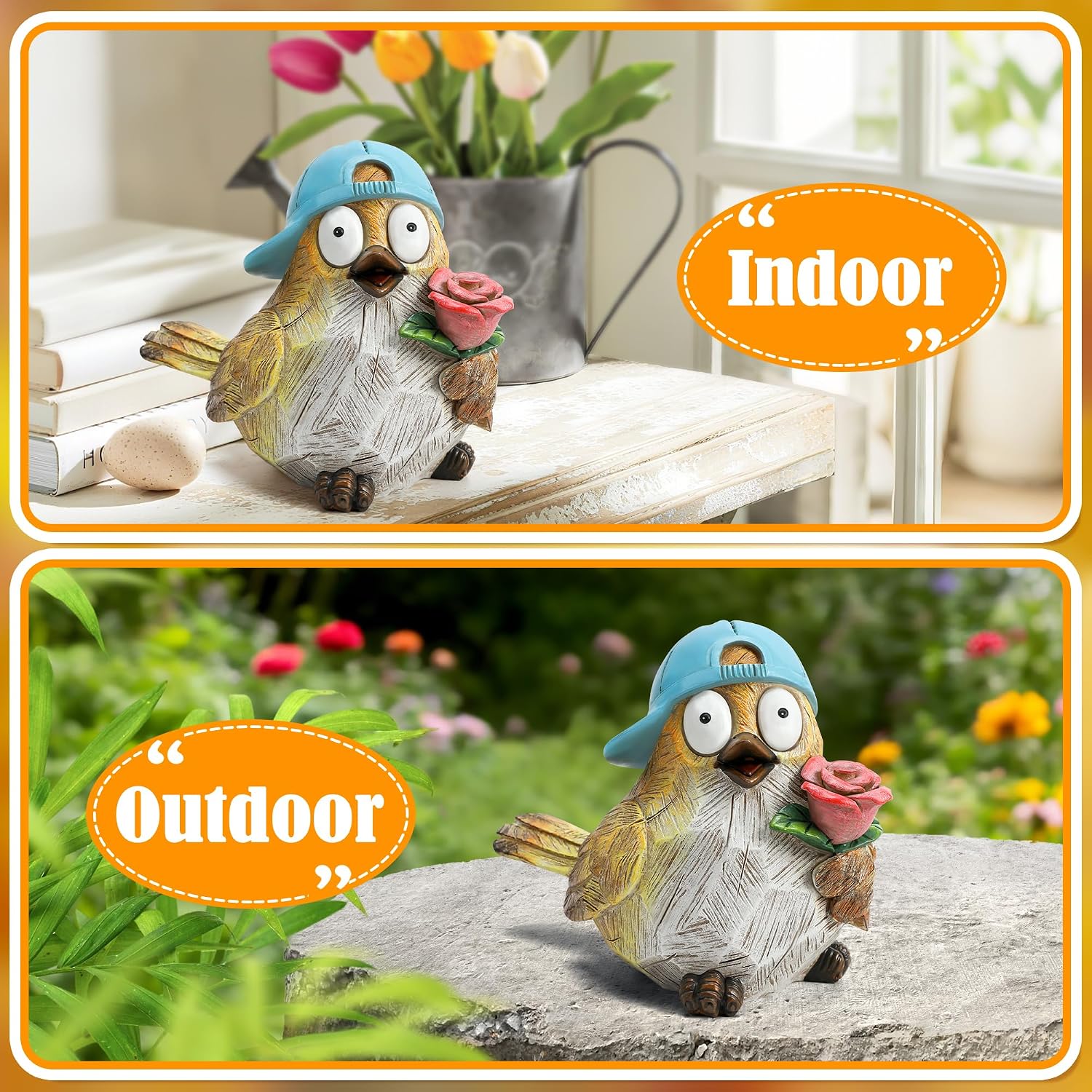 Garden Bird Statue for Decorations Outdoor Animal Figurines Little Bird Holding Flowers Sculpture