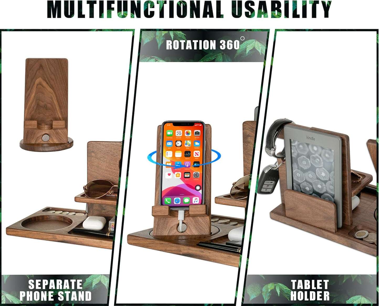 Personalized Gifts for Hunters - Handmade Accessories Desk Organizer with Rotating Phone Stand, Watch Holder - Unique