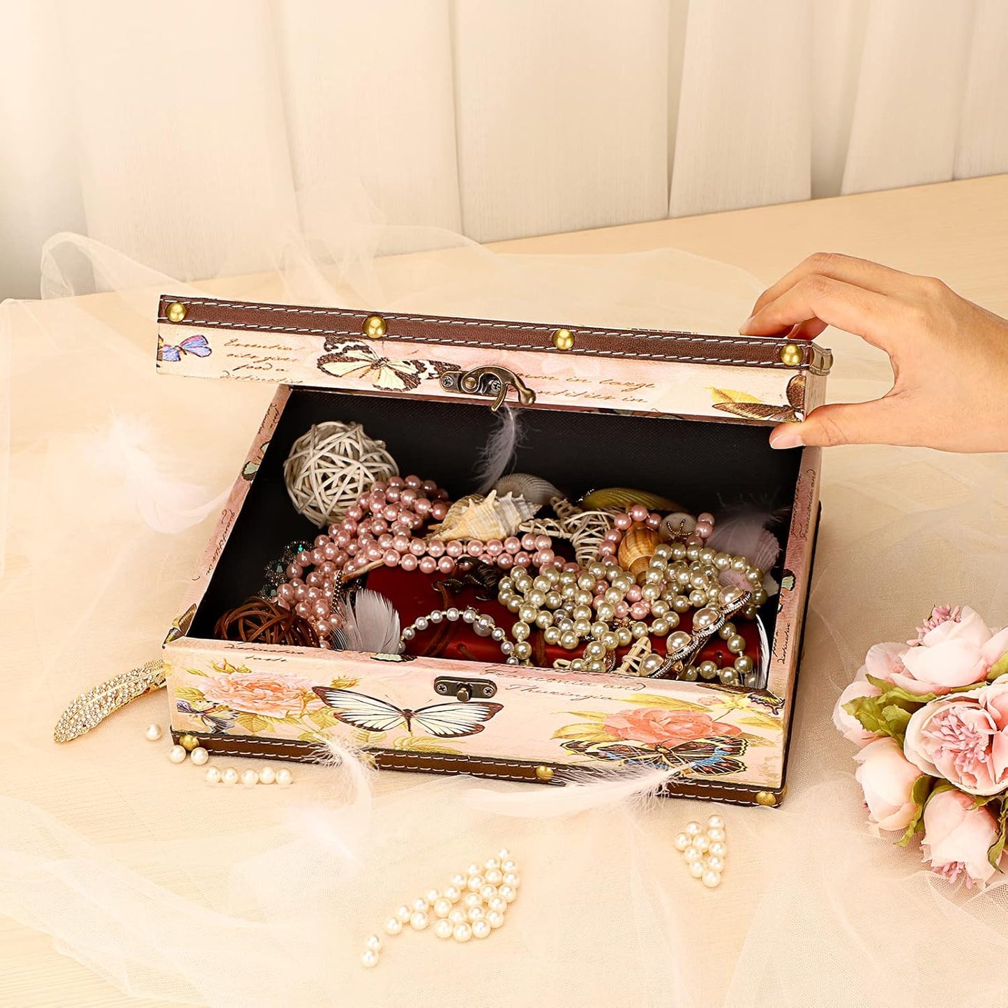 Wooden + PU Leather Storage Decorative Box for Jewelry Trinkets Photos / Butterfly Pattern