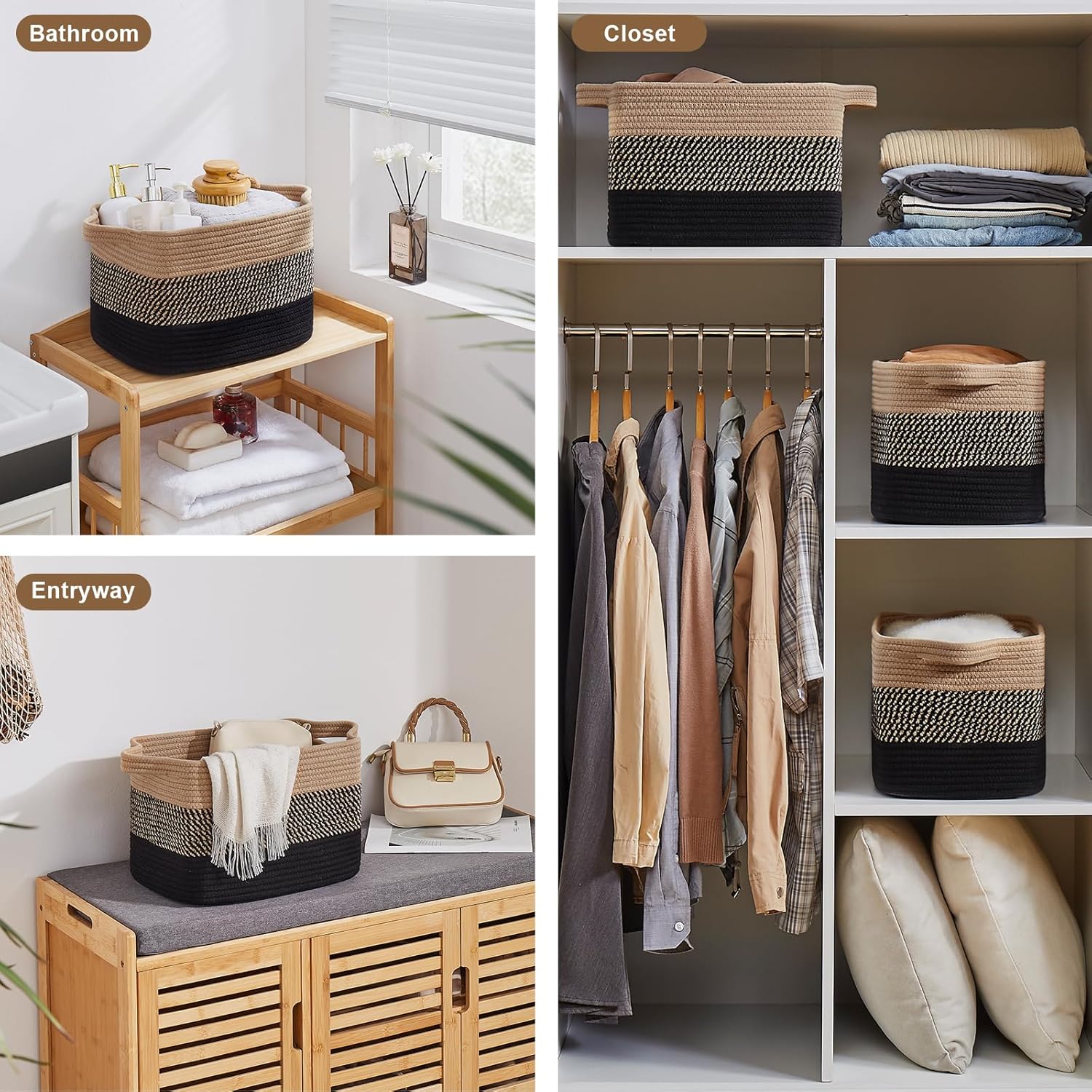 Woven Baskets for Storage / Black & Brown / 13 x 9.85 x 8.7