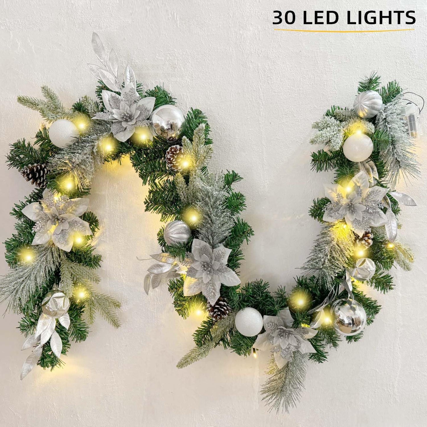 WANNA-CUL Pre-Lit 6ft Silver White Christmas Garland with 30 LED Lights | Frozen Winter Xmas Lighted Garland for Mantel