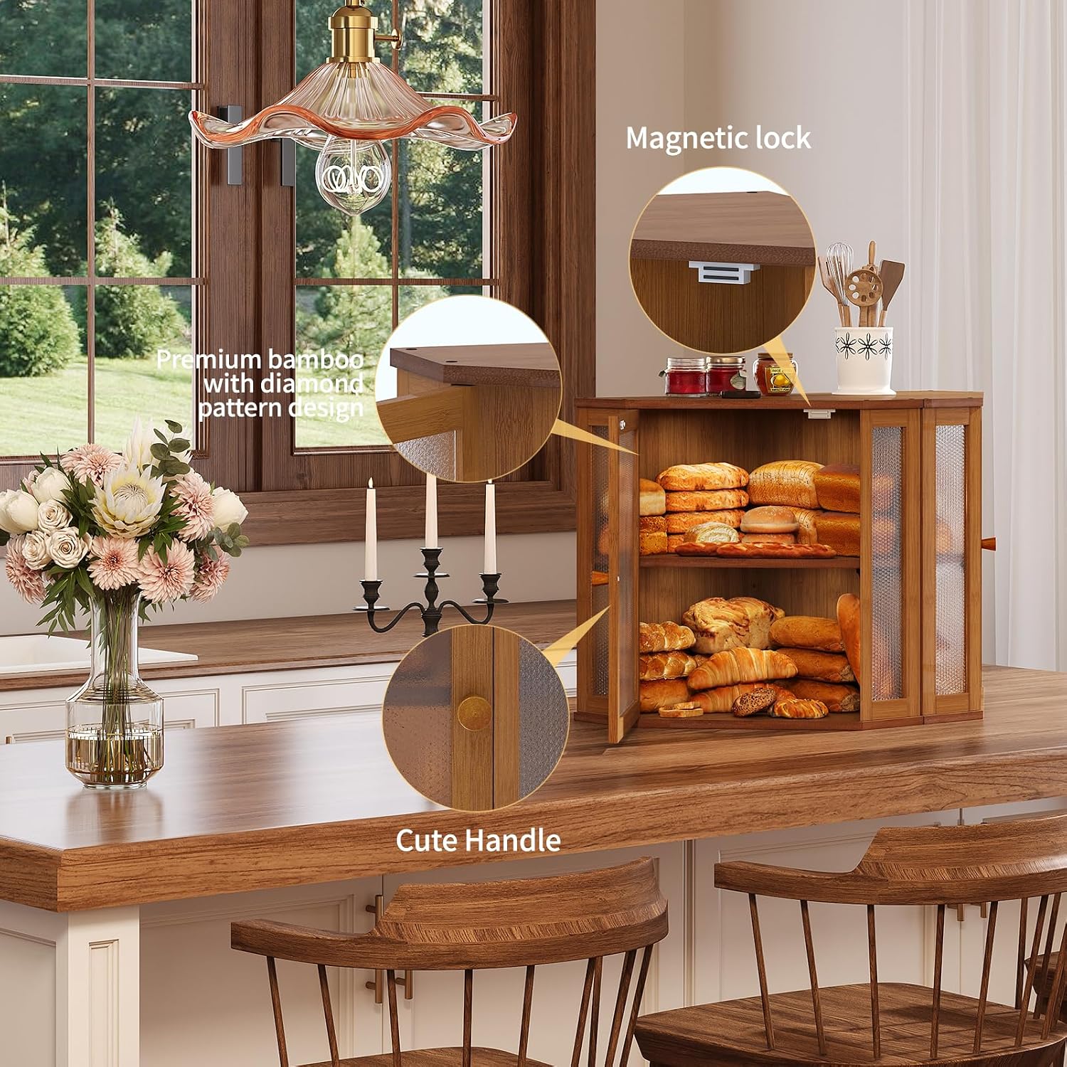 Corner Bread Box for Kitchen Countertop,Bread Storage for Homemade Bread, Double Layer Large Bamboo Kitchen Storage Bin