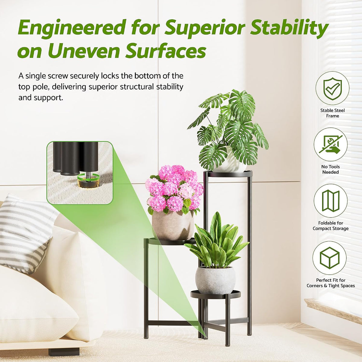 3 Tiered Plant Stand Indoor for Multiple Large Planter, Tall Heavy Duty Adjustable Folding Rack with Rustproof 7.9 Inch