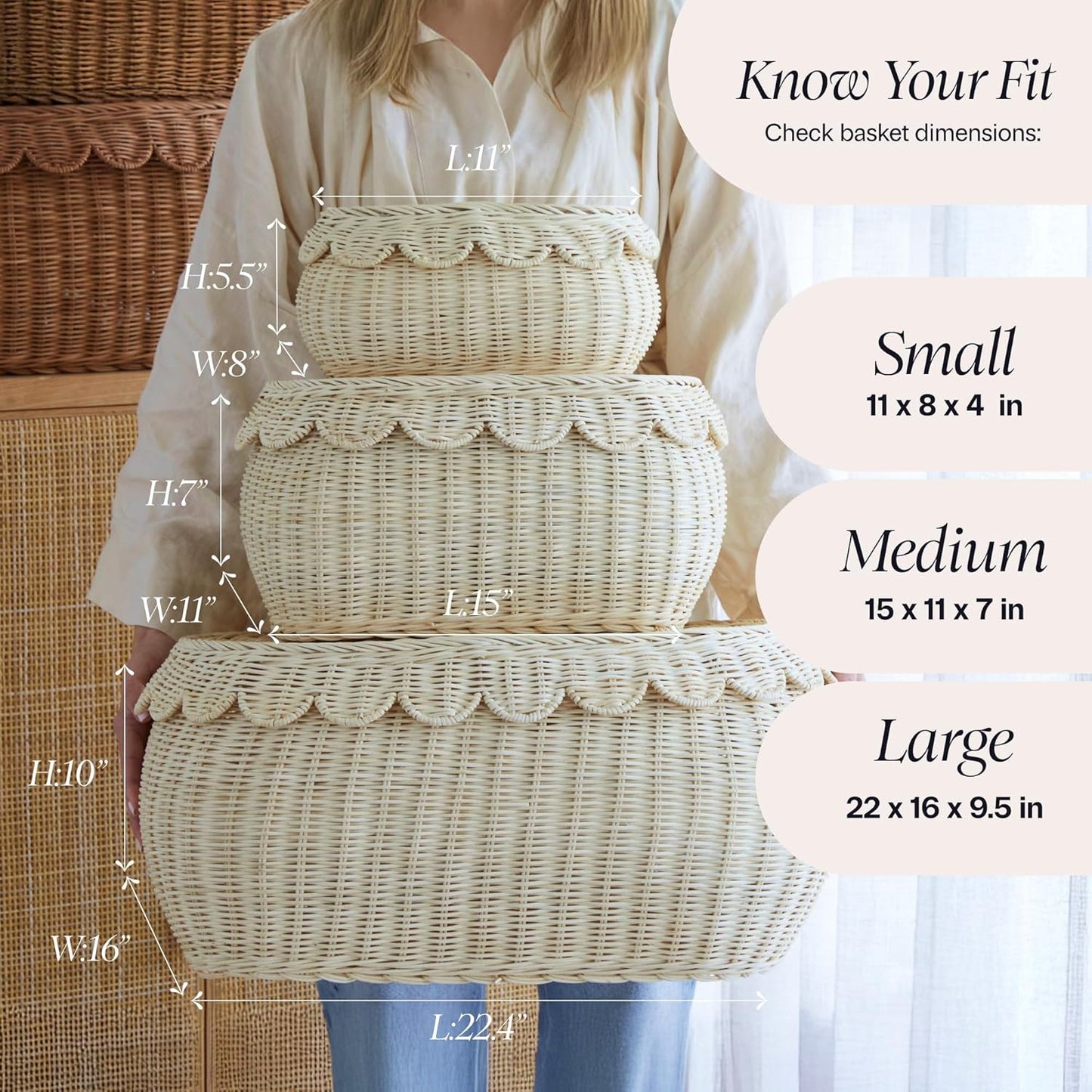 Large Scalloped Basket / Natural / Set of 3