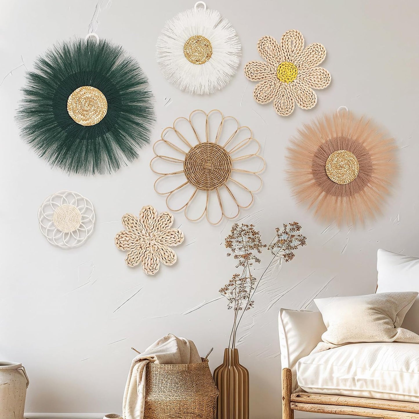 Boho Wall Basket Decor Rattan Flower Wall Decor Nursery Daisy Flower / Emerald Green / Set of 7