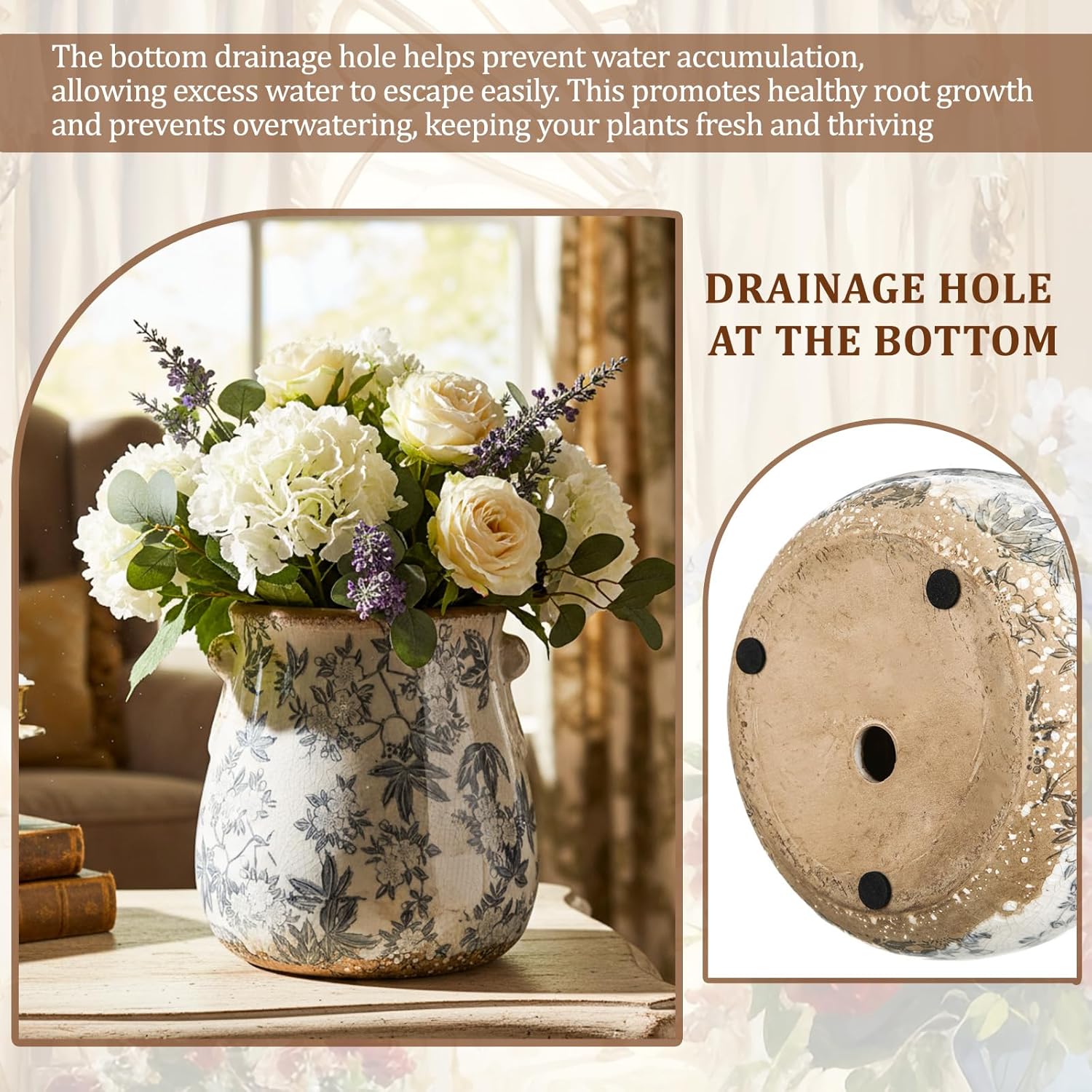 Ceramic Scroll Planter Chinoiserie Floral Vase / Retro Gray / 6.5 Inch