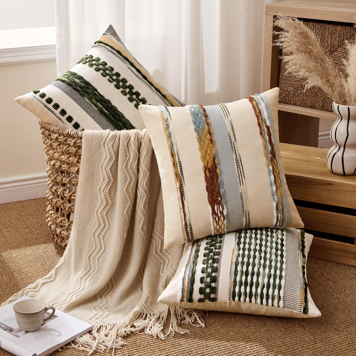 Boho Decorative Throw Pillow Covers Farmhouse Cushion Case Striped / Olive Green Stripe / 18 x 18