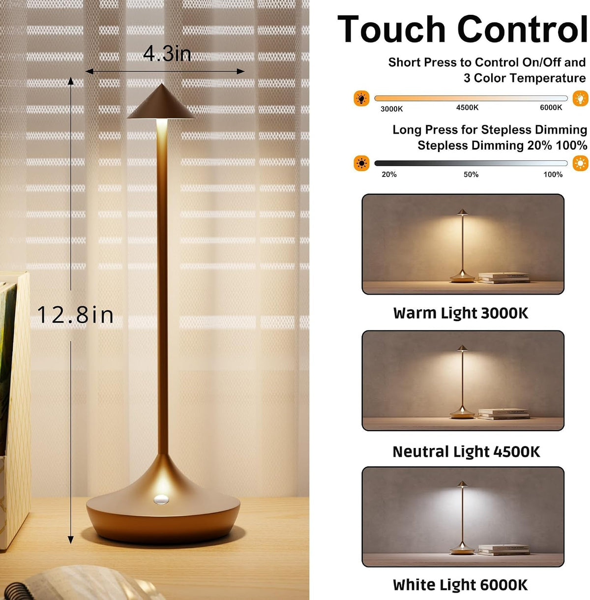 Cordless Rechargeable Table Lamp, Long-Lasting 60-Hr Battery, Dimmable LED | Set of 2 Titanium IP54 6000mAh 3 Color