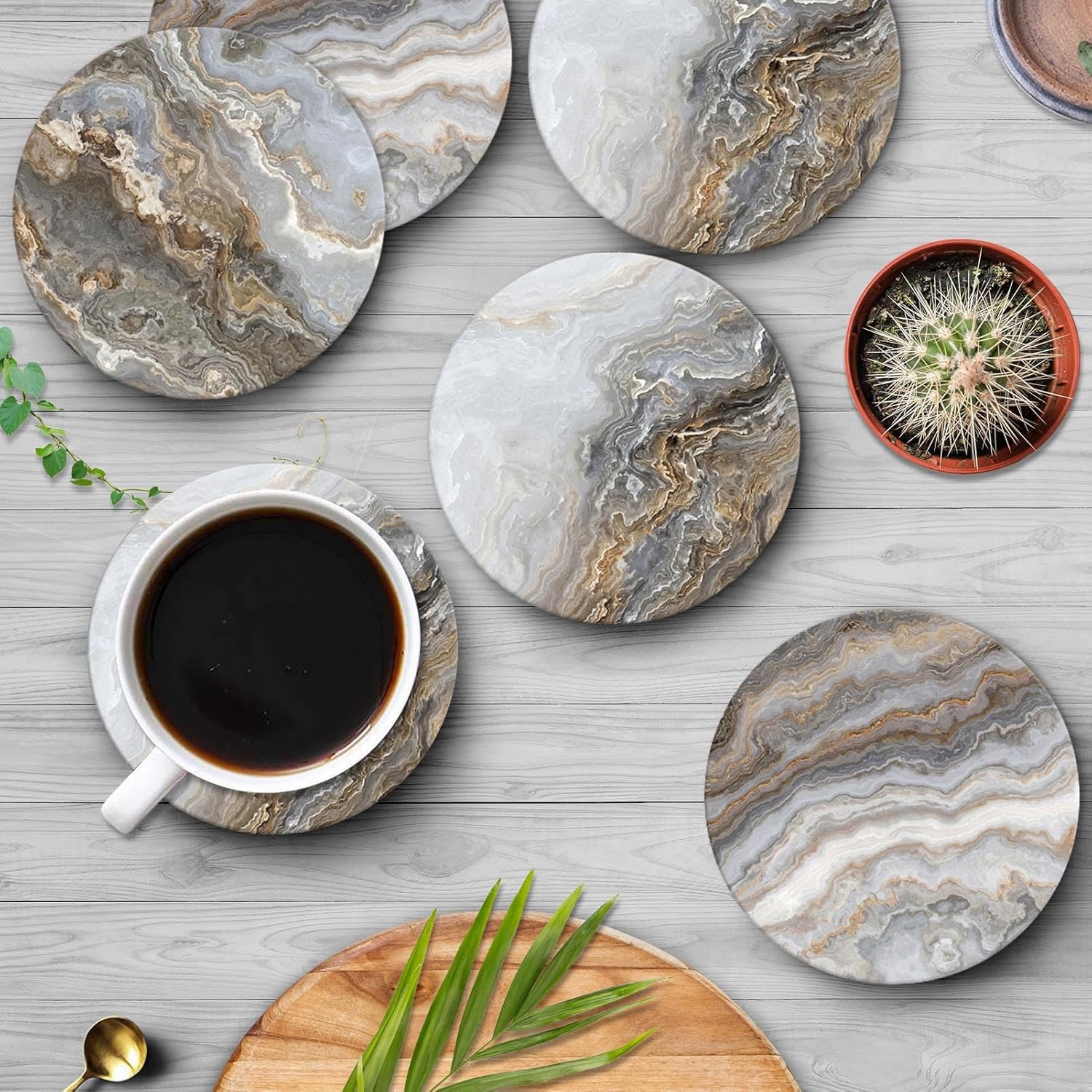 Grey Marble Golden Stone Agate Table Absorbent Round Ceramic Stone Mat / Marble Gray Gold / Set of 6
