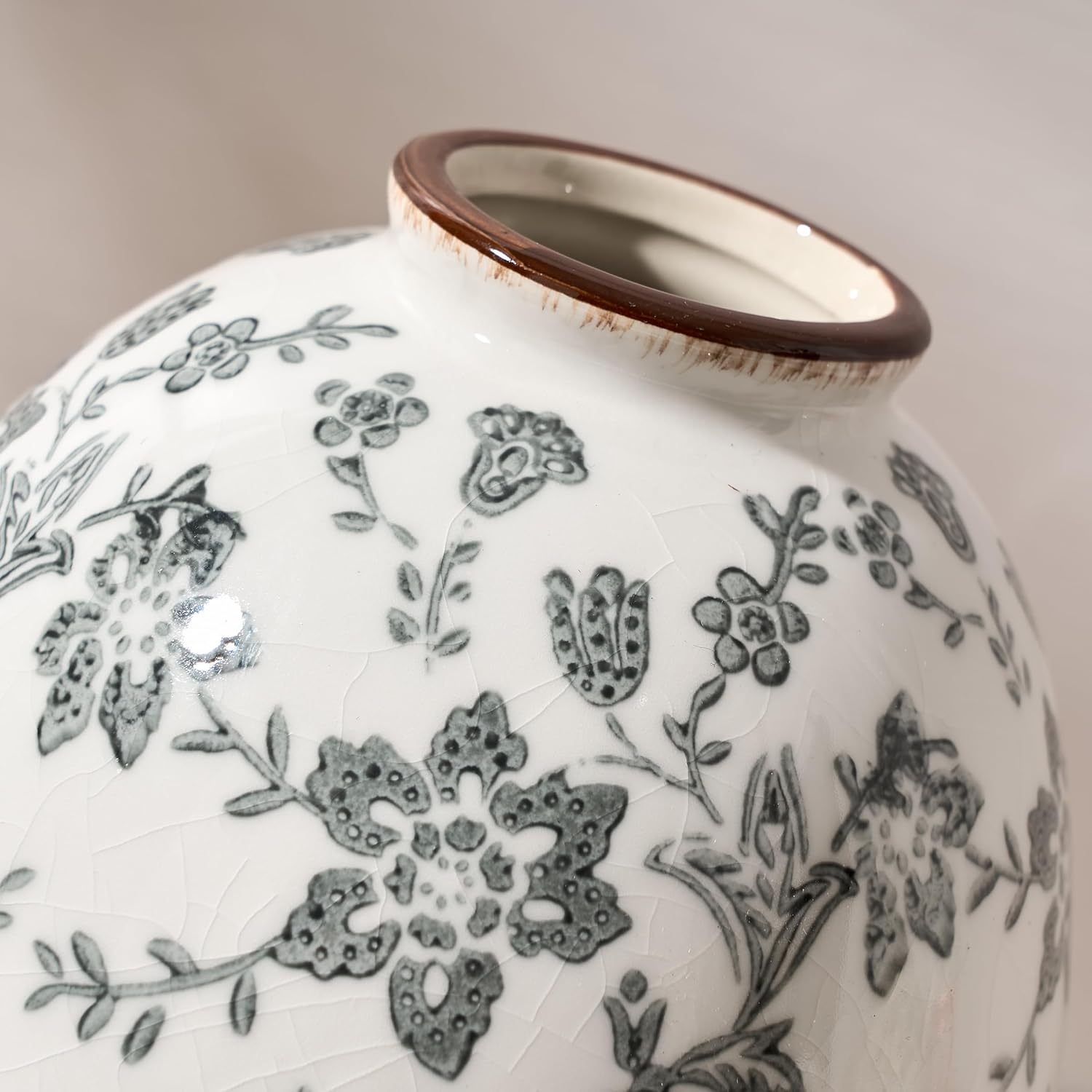 Antique Rustic Ceramic Vase / Gray Chinoiserie Floral- 5.83 / 5.83 Inch