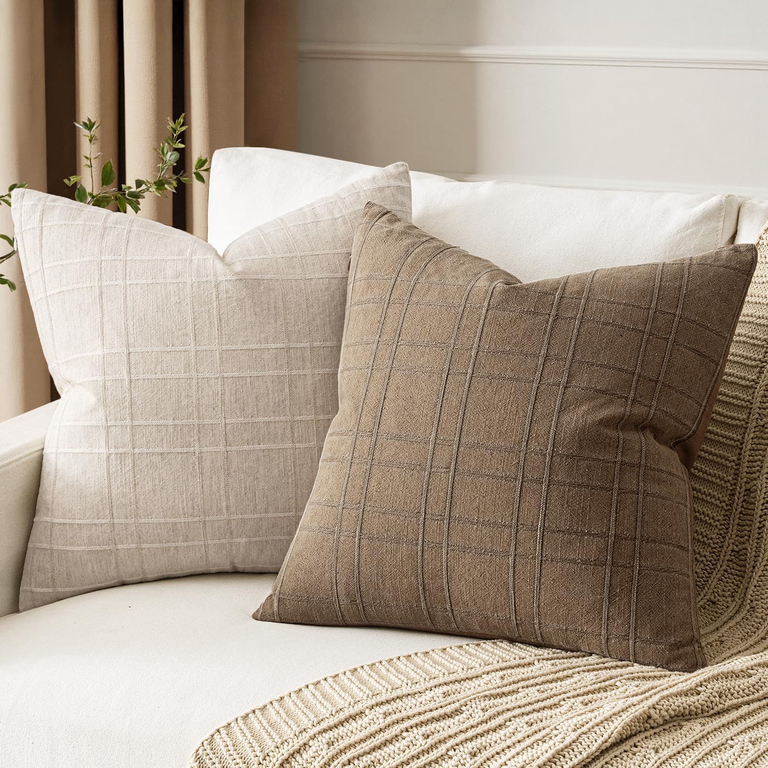 Decorative Linen Check Throw Pillow Covers Neutral Farmhouse / 18 x 18 / Light Brown / Set of 2