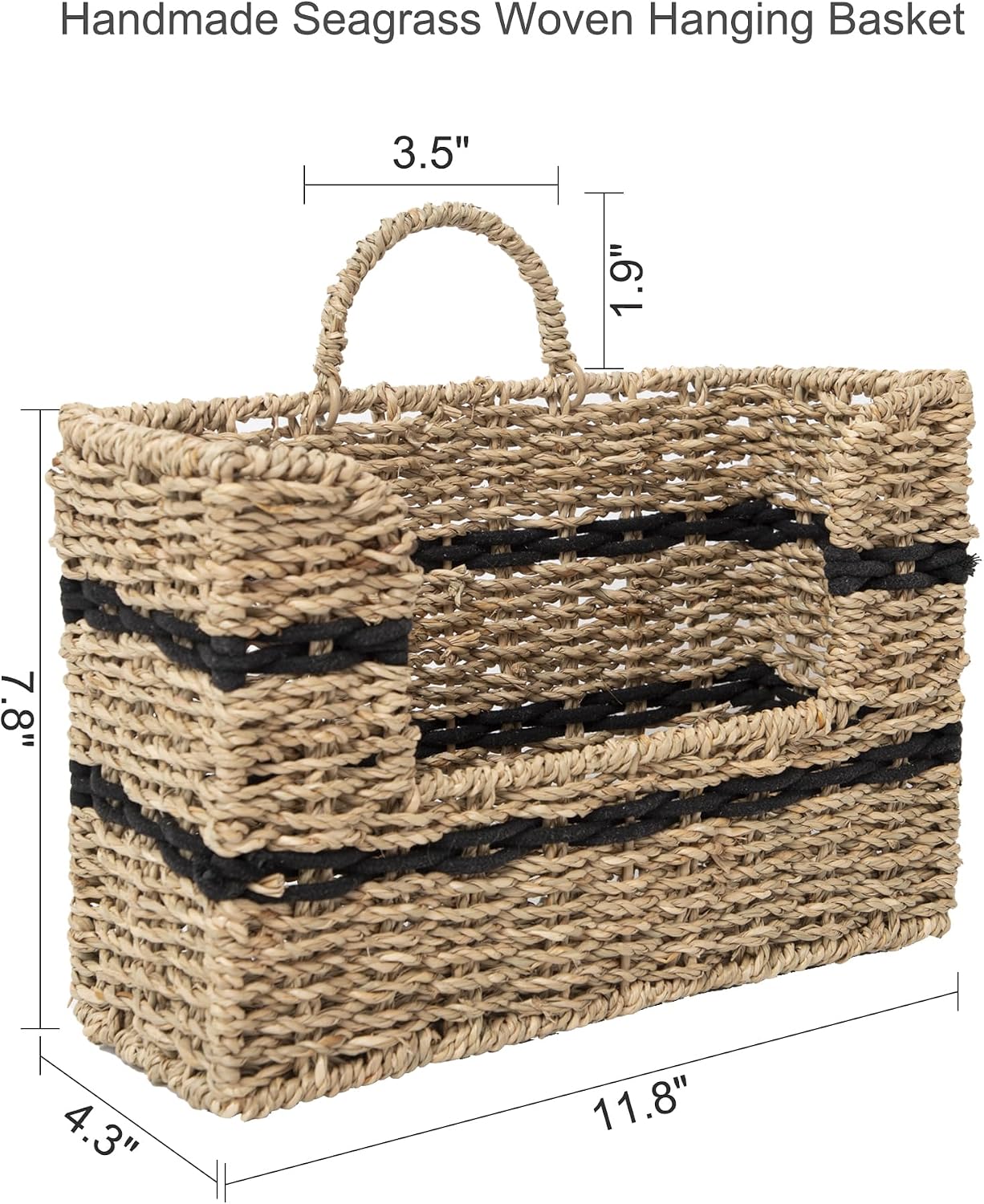 Handmade Seagrass Woven Hanging Basket / Rectangular Opening / Black / 11.81 x 4.33 x 7.87