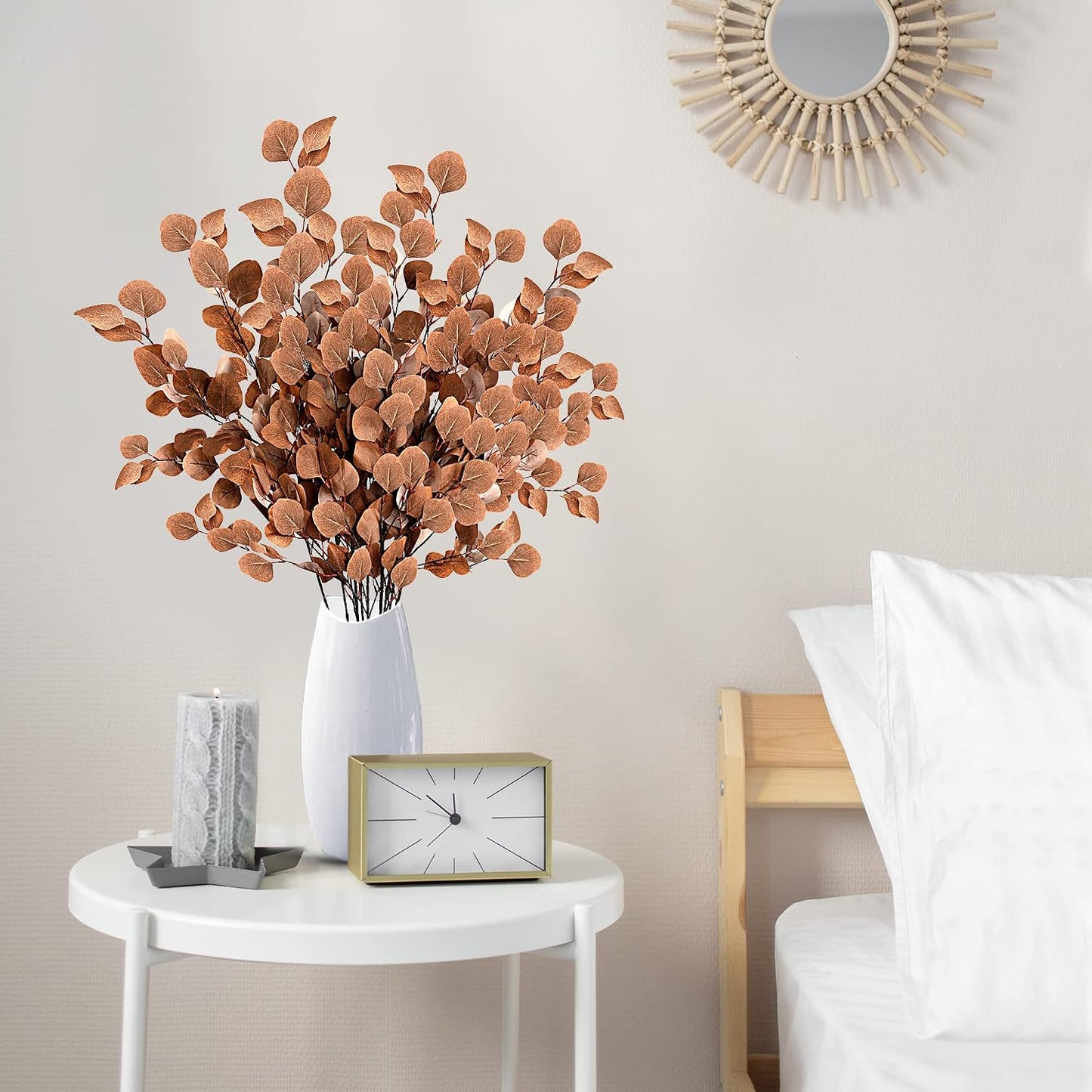 Fall Artificial Eucalyptus Stems Long Silver Dollar Leaves Fake Silk / Dark Brown / Set of 6