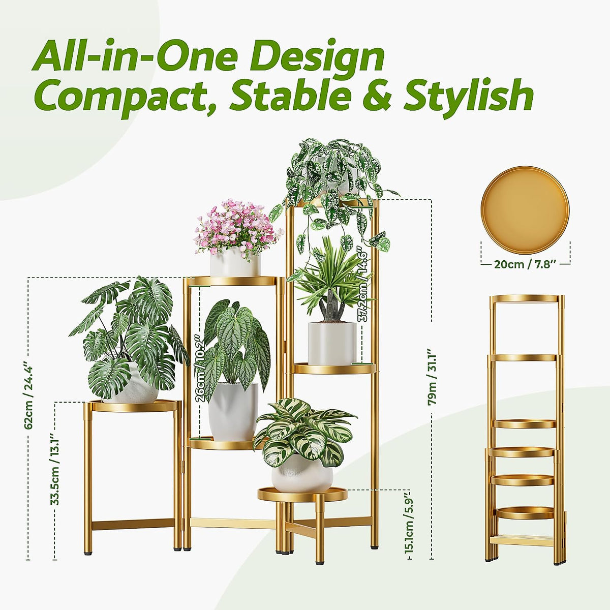 6 Tiered Plant Stand Indoor for Multiple Large Planter, Tall Heavy Duty Adjustable Folding Rack with Rustproof 7.9 Inch