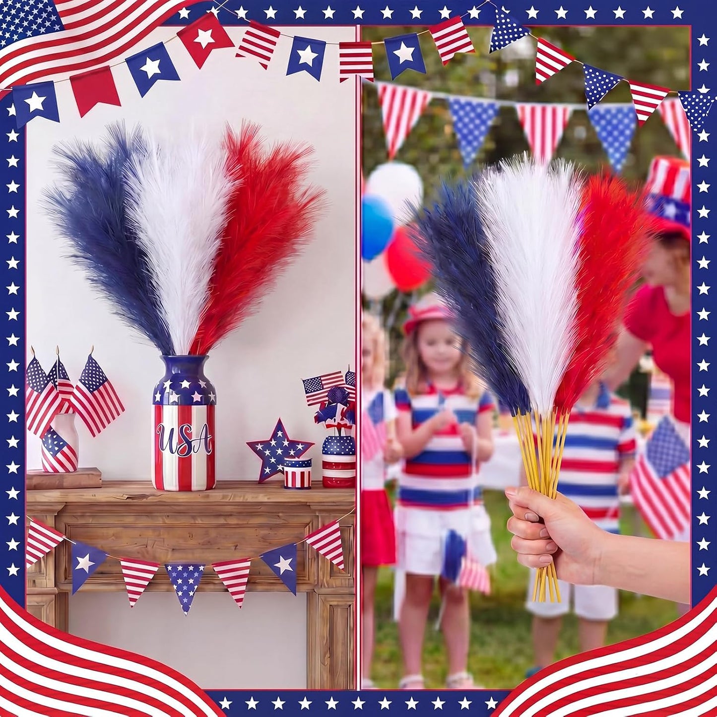4th of July Faux Pampas Grass Decor Bulk White and Blue Patriotic / Red / 21.6 Inch / Set of 90