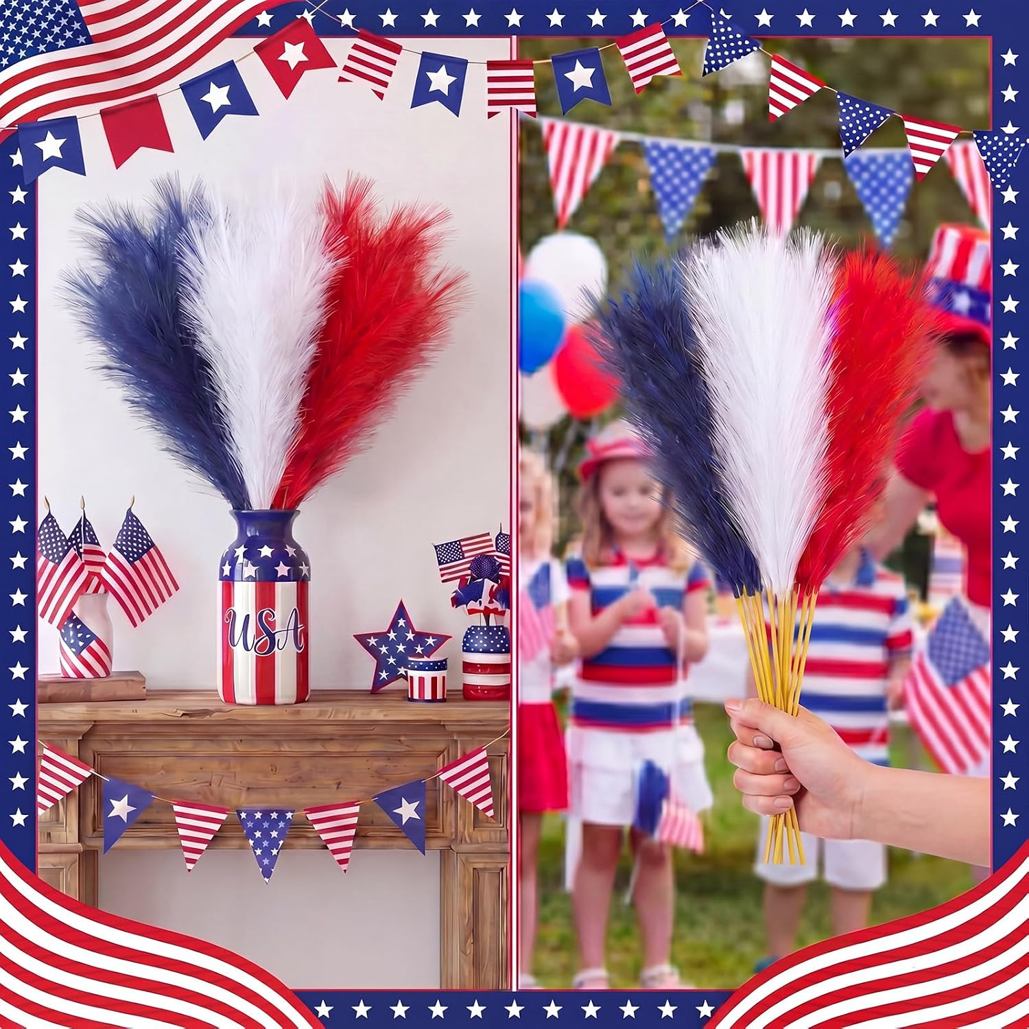 4th of July Faux Pampas Grass Decor Bulk White and Blue Patriotic / Red / 21.6 Inch / Set of 90