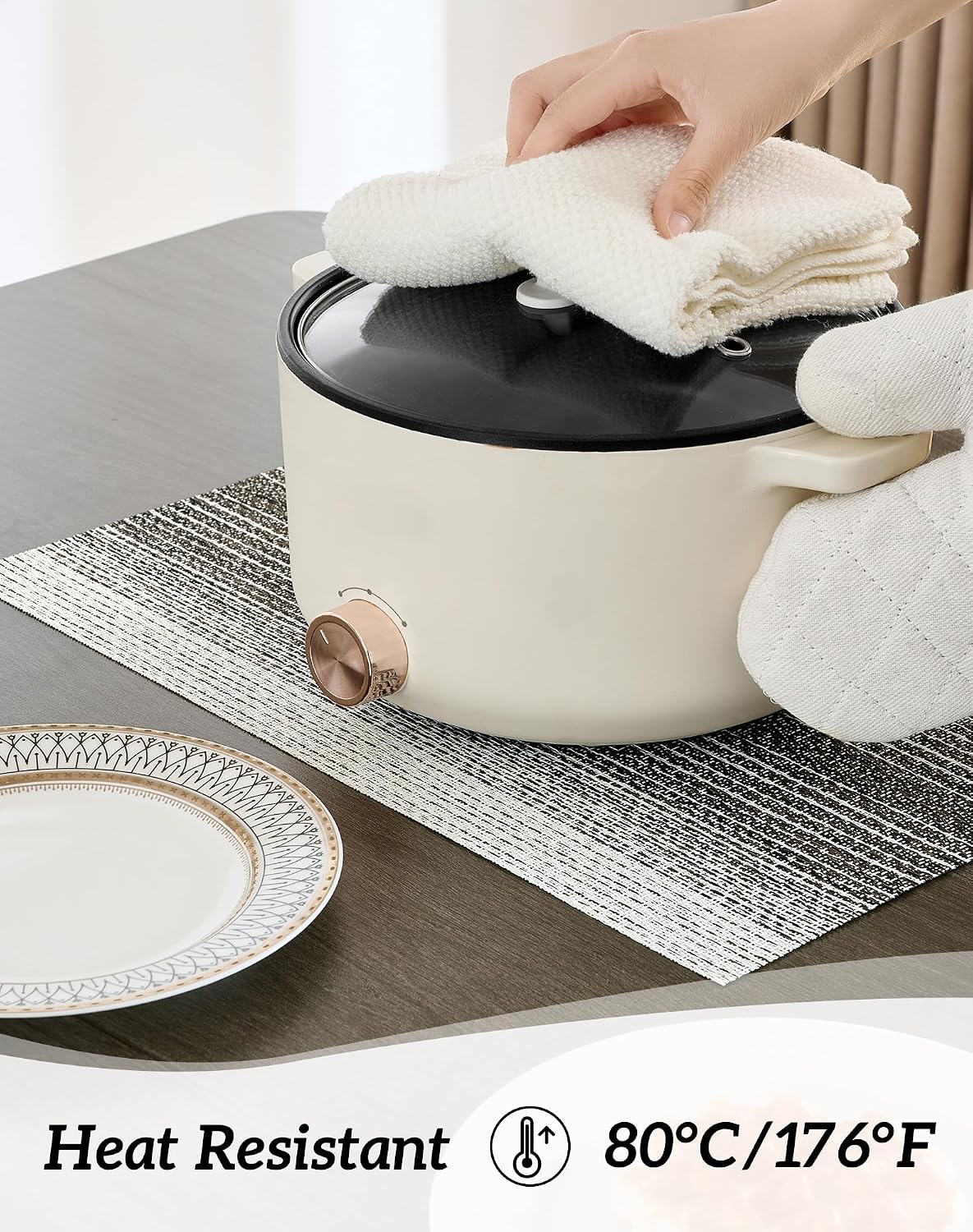 Leetaltree Woven Vinyl Placemats Set of 8,Black& White | Waterproof & Washable Dining Table Mats for Wedding