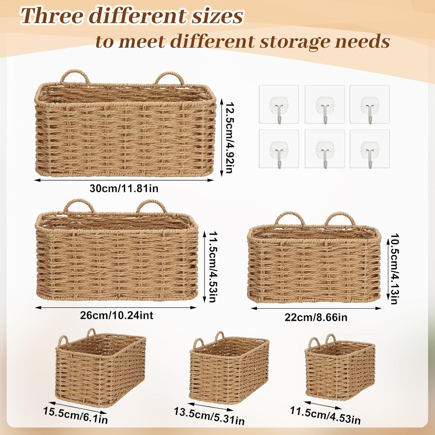 3 Piece Boho Wall Hanging Baskets for Organizing Paper Rope Woven / Natural Color / Rectangular