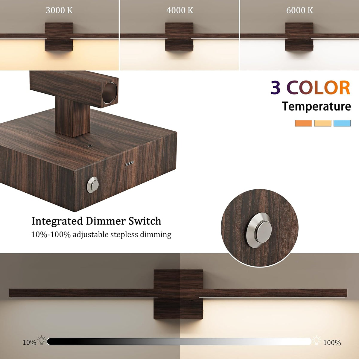 Rayogale Walnut Battery Operated Wall Sconce with Remote Control 40 Inch | 3000/4500/6000K Dimmable 8000mAh Wireless