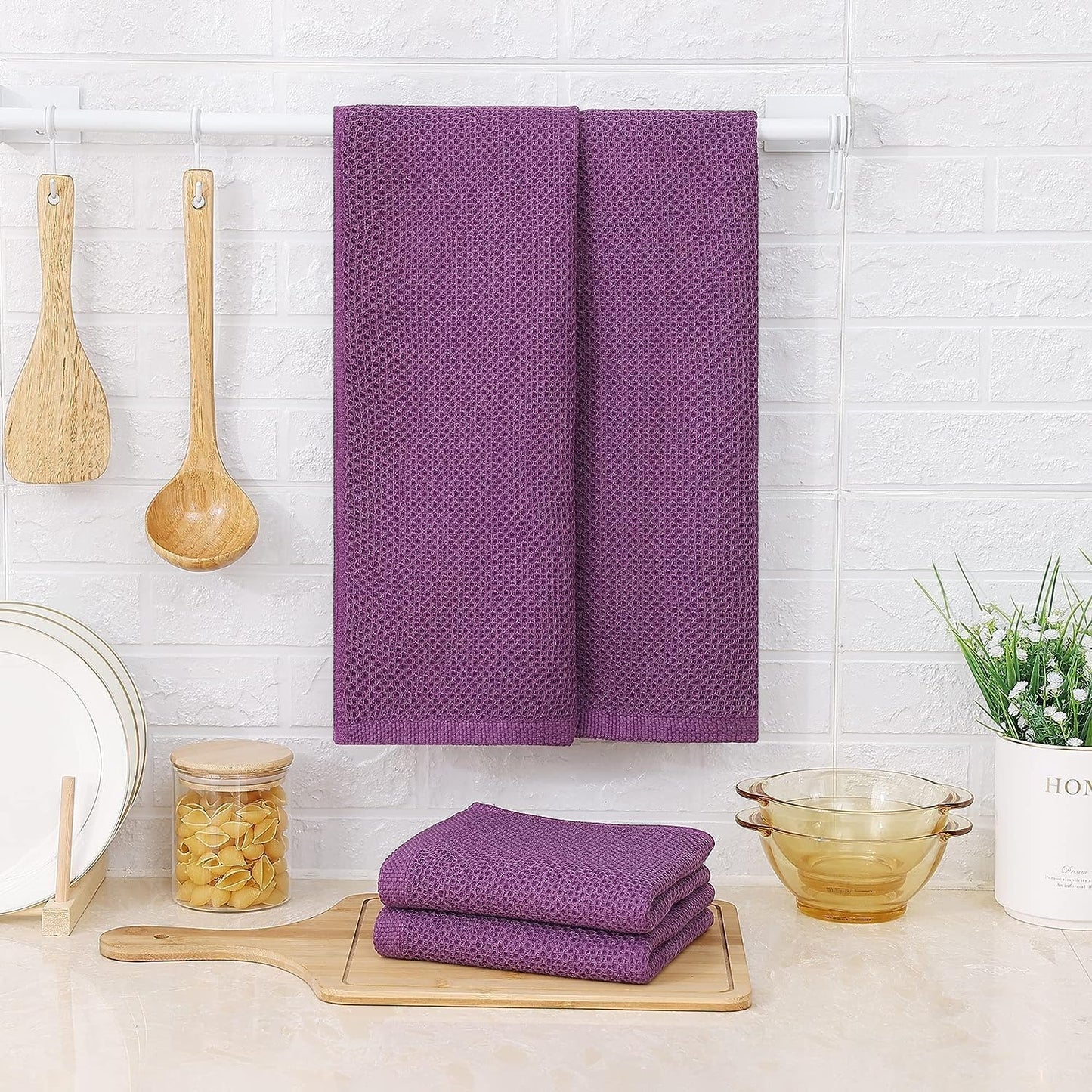 Kitinjoy 100% Cotton Waffle 8-Pack Kitchen Towels, 13" x 28", Violet | Super Soft, Ultra-Absorbent, Fast Drying
