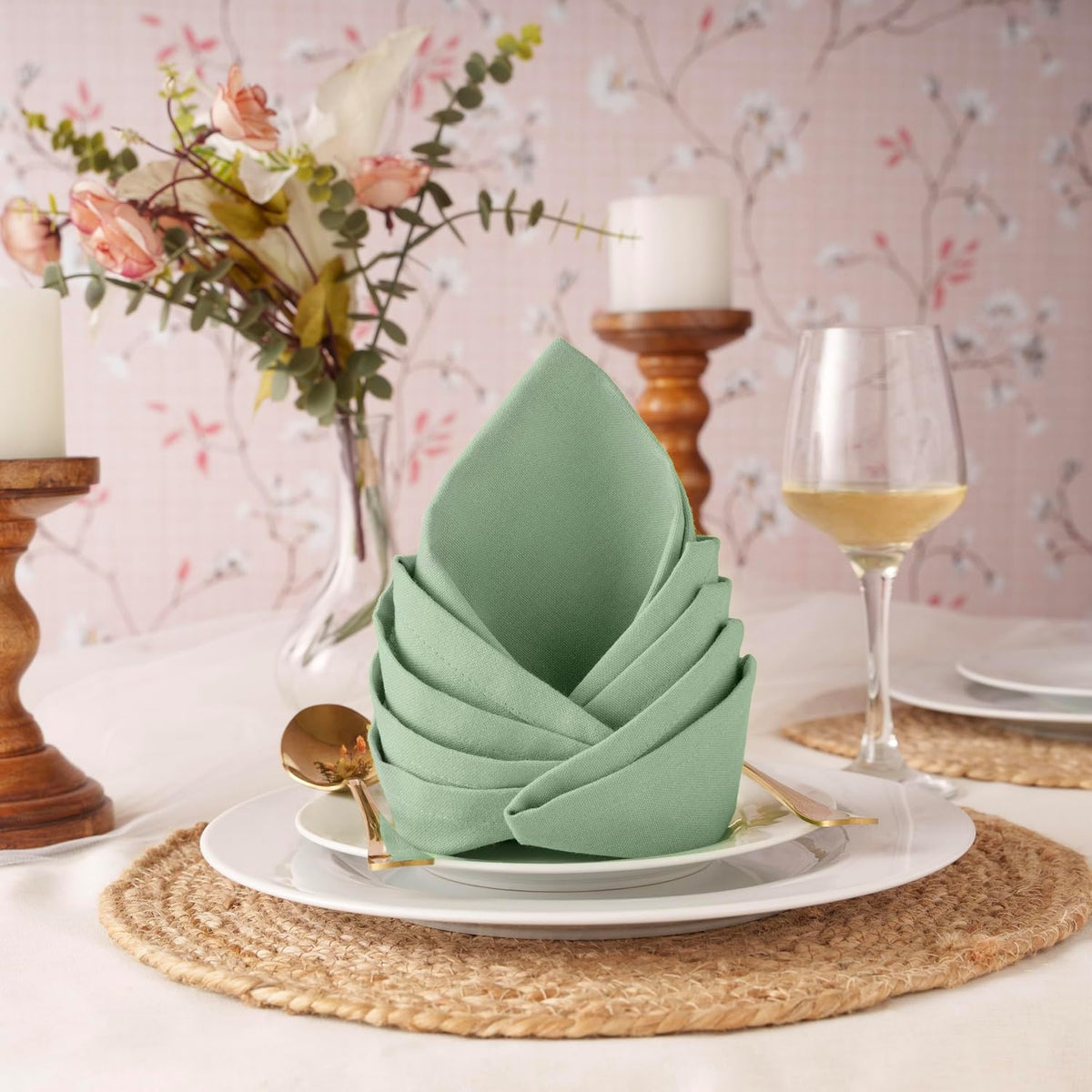 Blue Needles Solid Cloth Napkins Set of 12 Sage Green 100% Cotton Dinner Napkins 18x18 inches - Soft, Reusable