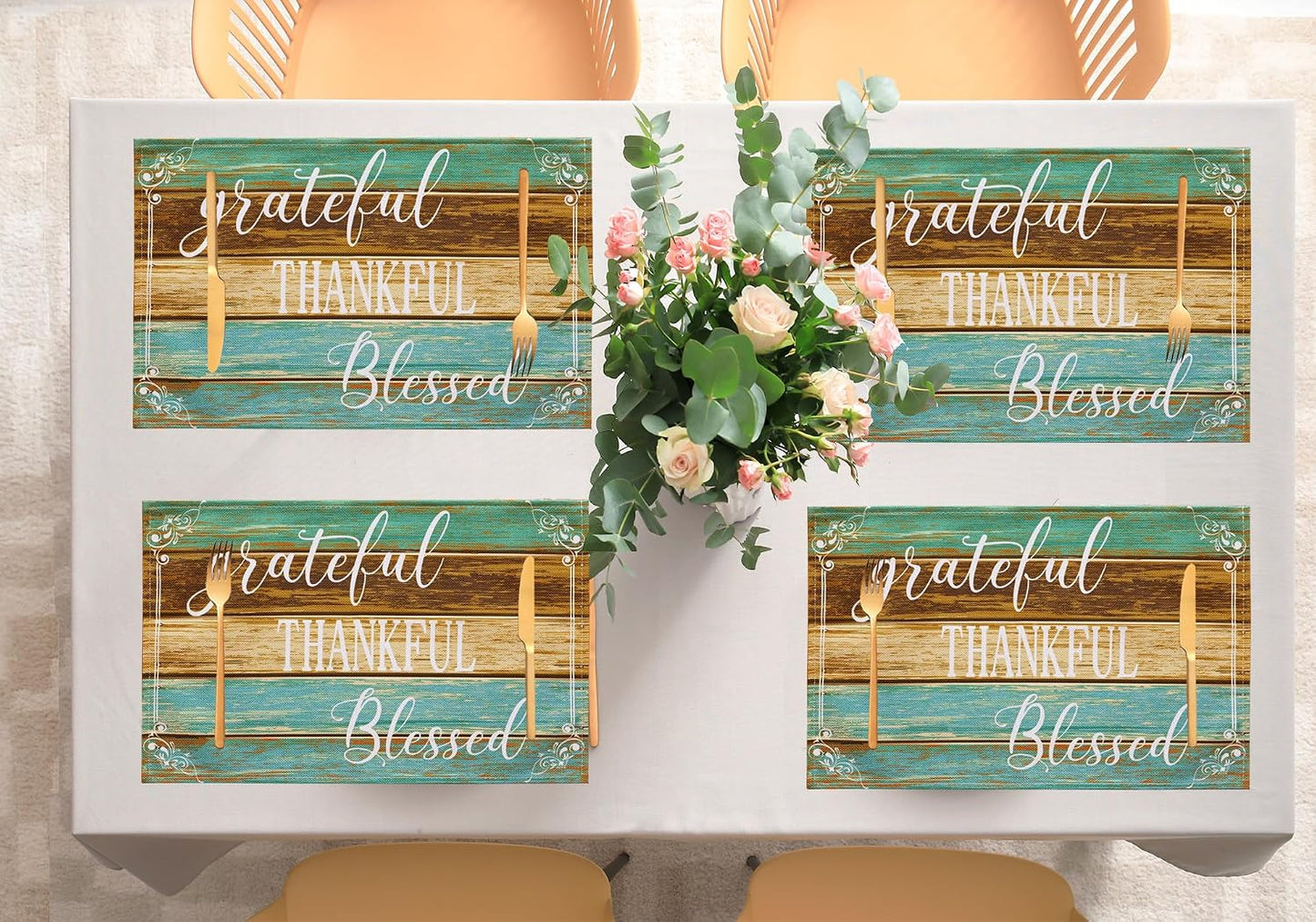 Farmhouse Table Placemats Set of 8 Thanksgiving Place Mats | Teal Linen Wipeable Heat Resistant Washable Fabric