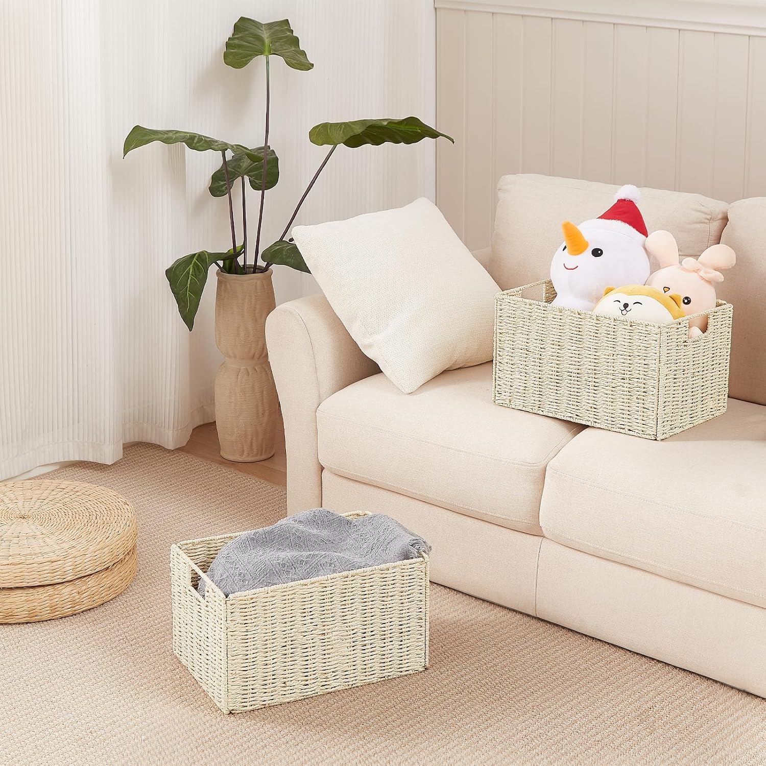 Wicker Storage Basket / Beige / 15.2"D x 10"W x 8.6"H / Set of 2