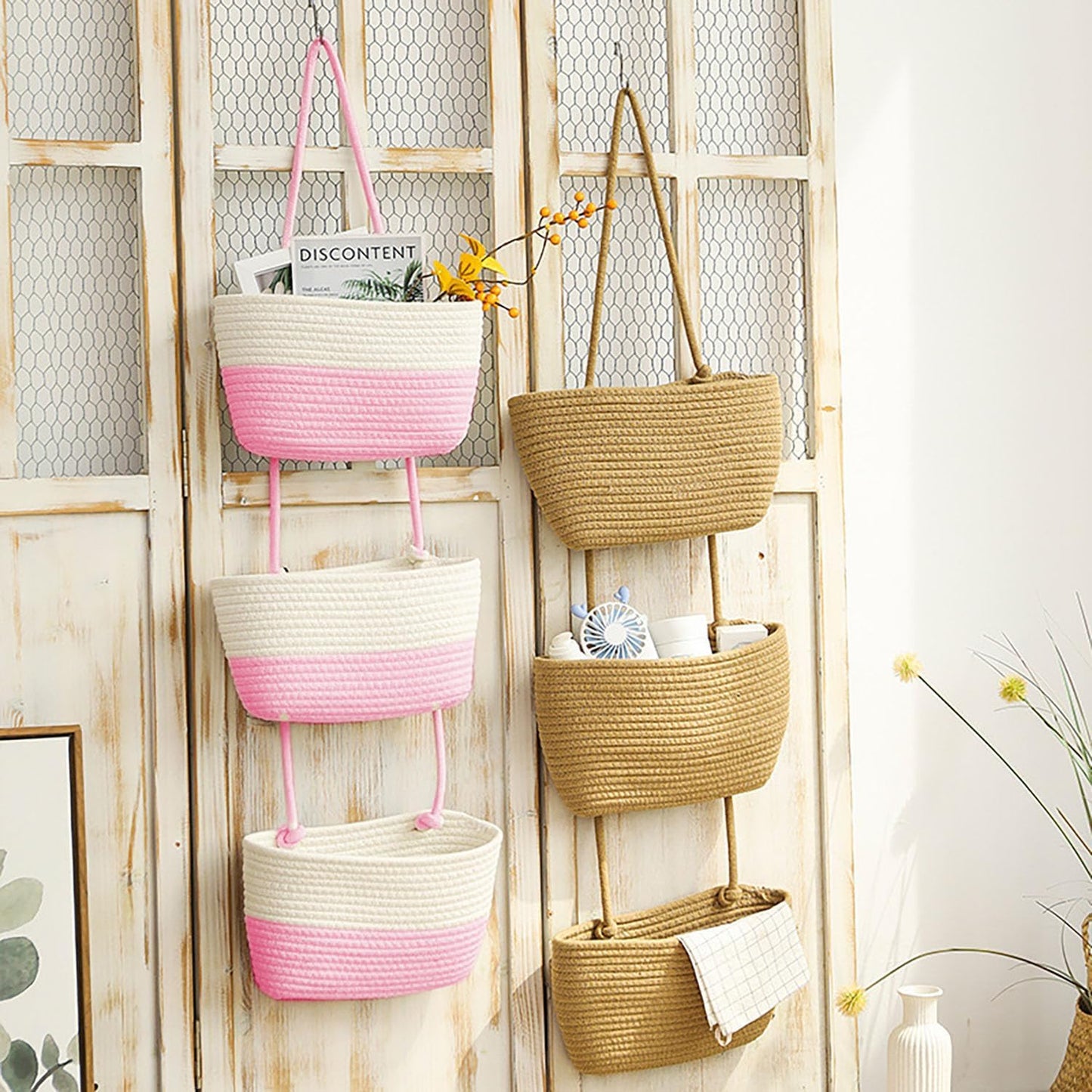 Woven Cotton Hanging Baskets for Organizing Decor 3-Tier Over the Door Wall-Mounted / White+pink