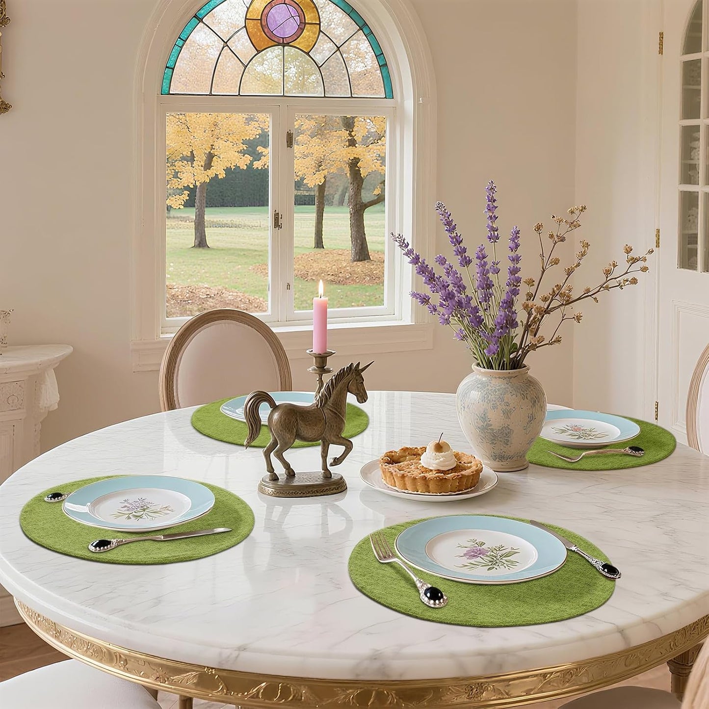Cotton Linen 15 Inch Round Cloth Place mats, Set of 6, Grass Green | Washable Table Mats, Heat Resistant, Reversible