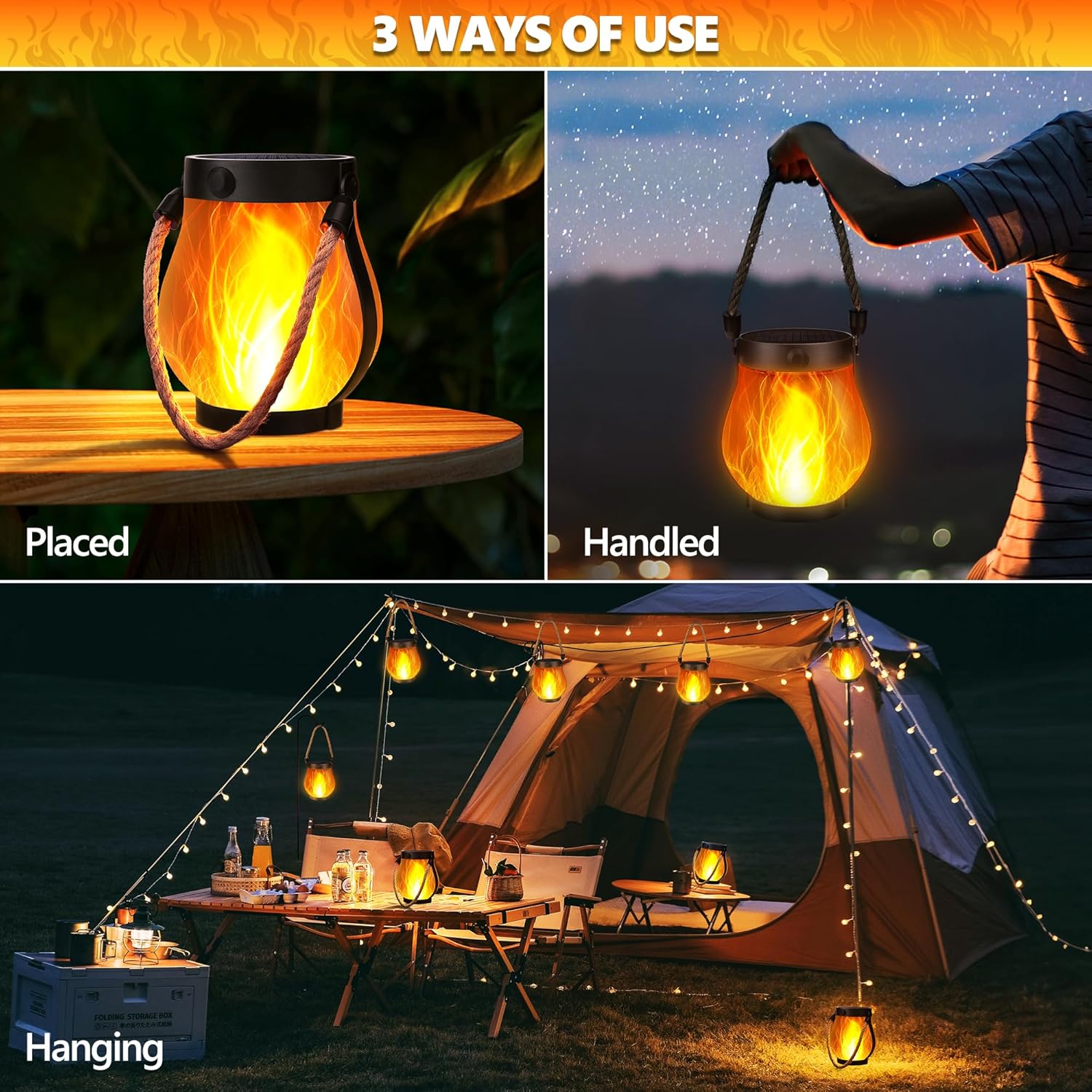 iBaycon 2 Pack Gen2 Solar Lantern Lights USB Ultra-Real Flame, Warm White | Solar Garden Lights with Solar & USB-C Dual