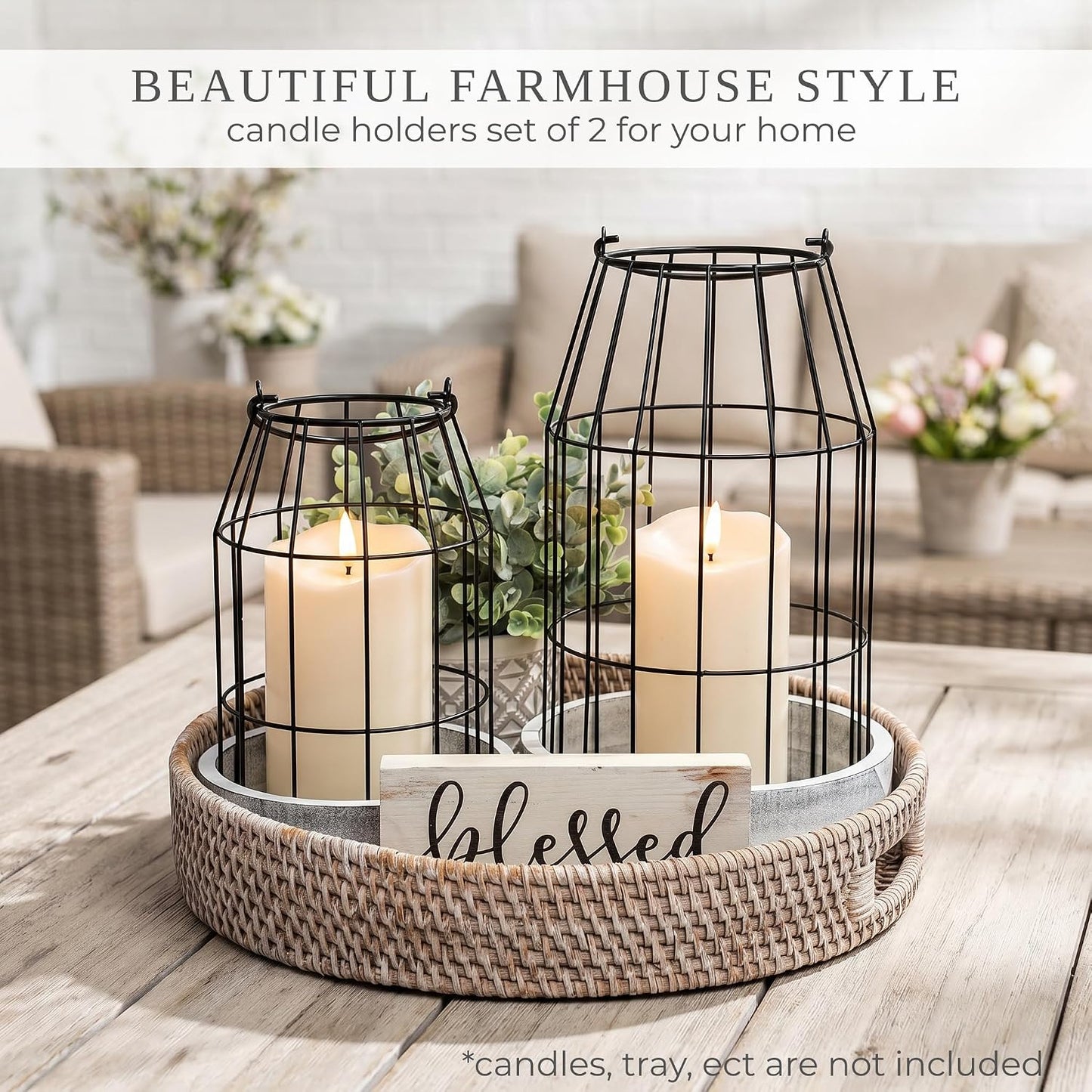 Rustic Farmhouse Lantern Decor Set of 2 - Stylish Decorative Lanterns | Modern Indoor/outdoor Coffee Table Decor for