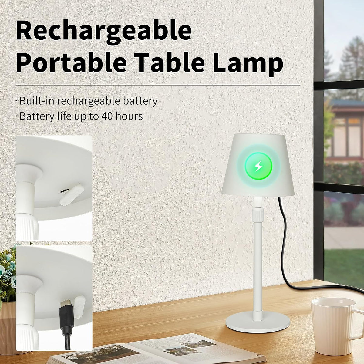 Mr.White Outdoor Waterproof Rechargeable Cordless Table Lamp with Telescopic Pole & Wicker Shade, 5200mAh Battery