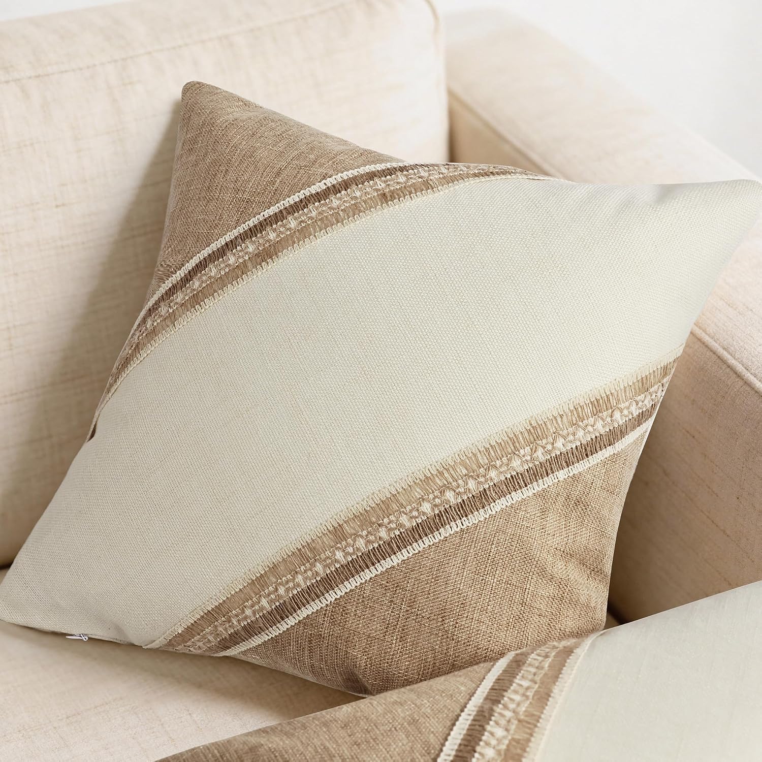 Boho Patchwork Linen Throw Pillow Covers / Diagonal Trim-khaki / 18 x 18 / Beige / Set of 2