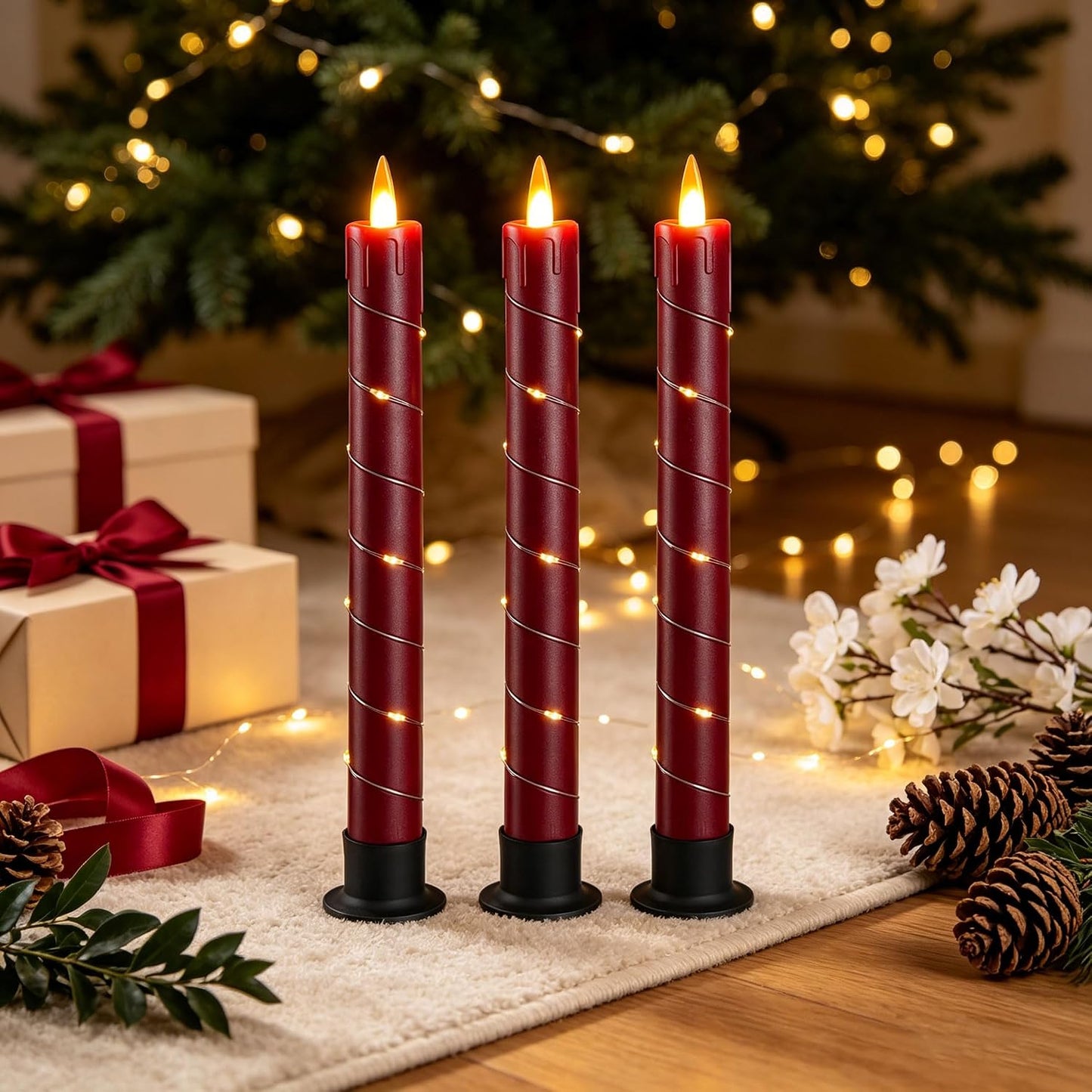 Da by 3 Pack Red Dripping Wax Flameless Candles, Realistic Dynamic Flame LED Taper Candles with Surrounding Fairy