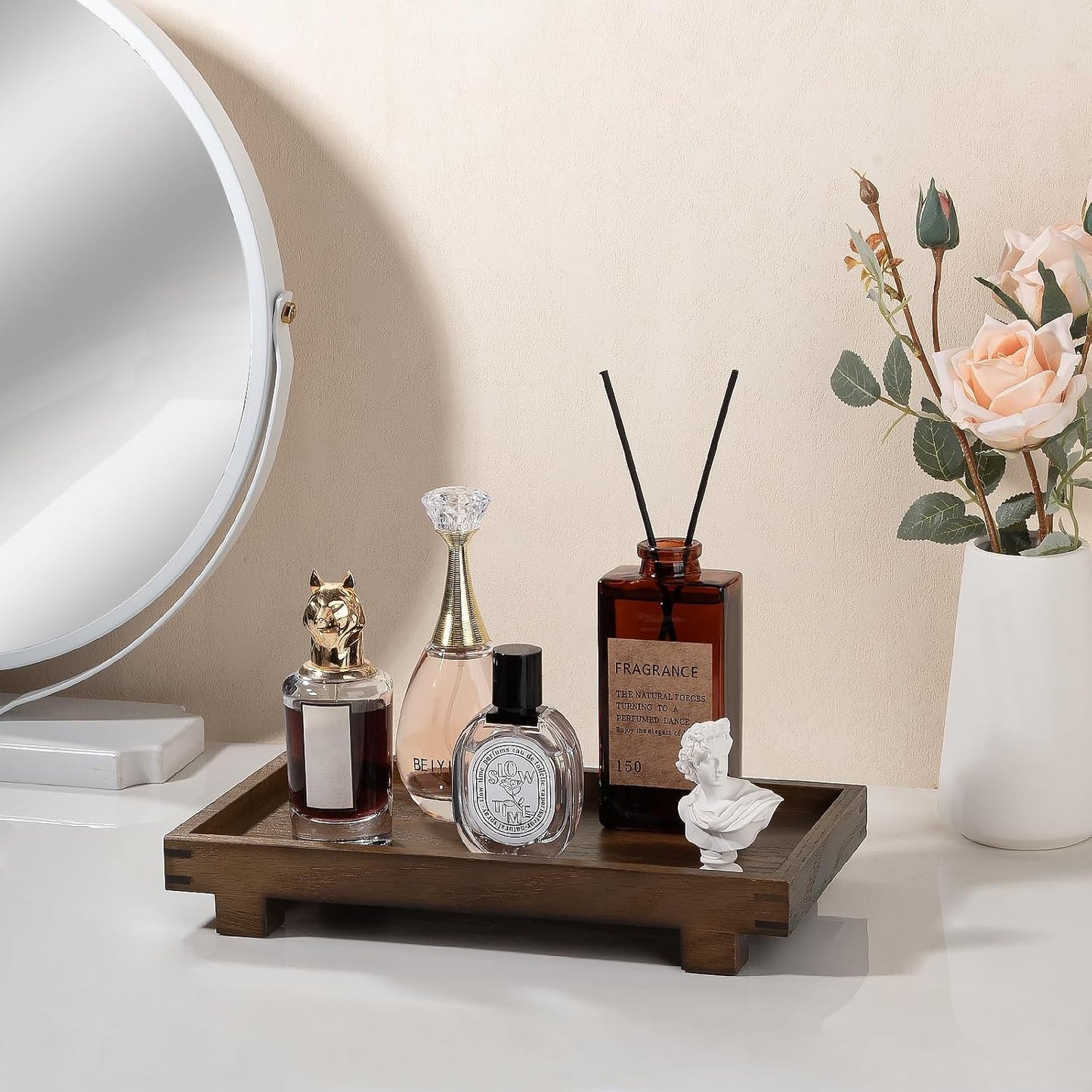 Decorative Tray Small Pedestal Stand Farmhouse Bathroom Decor Wooden / Walnut / 11.4 x 6.7 x 1.7