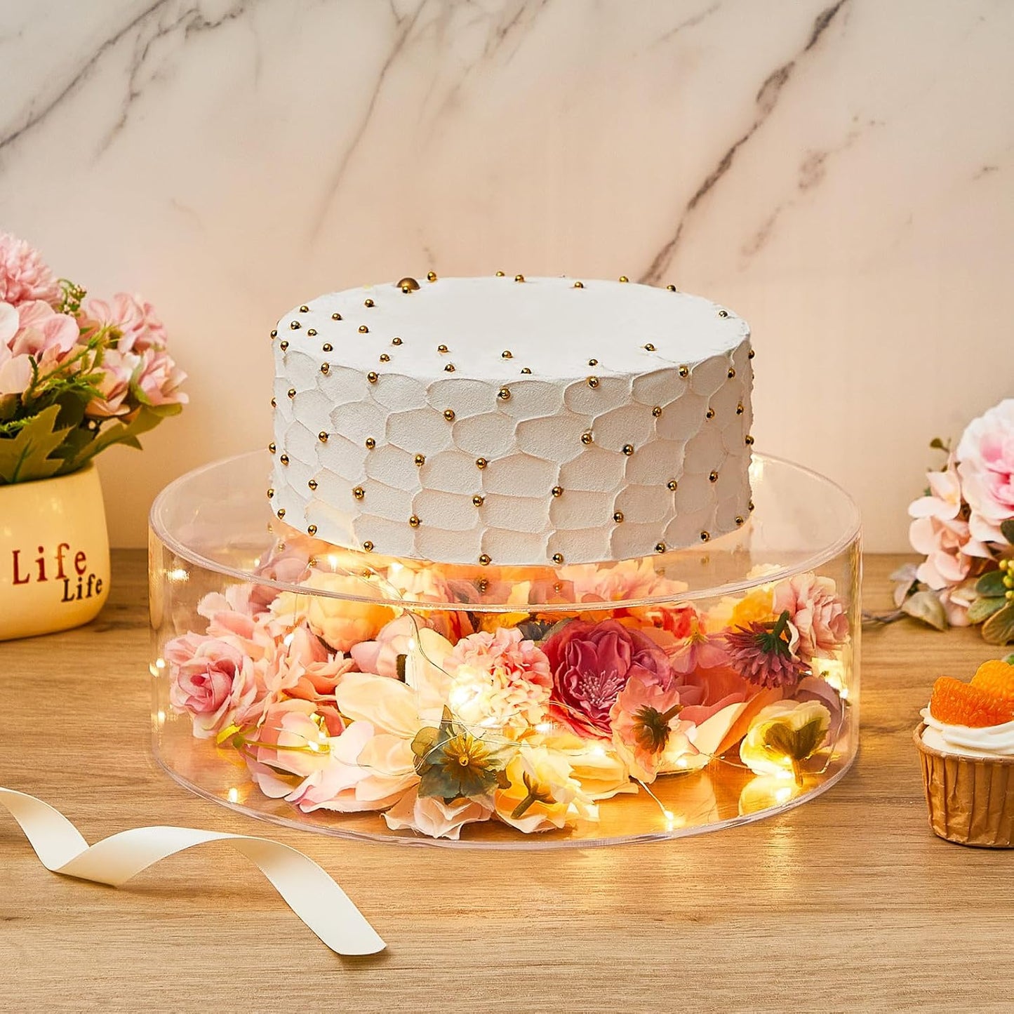 Sunnyray 2 Pcs Acrylic Cake Stands for Dessert Table Clear Fillable Cake Riser Cupcake Tier with LED Strings for