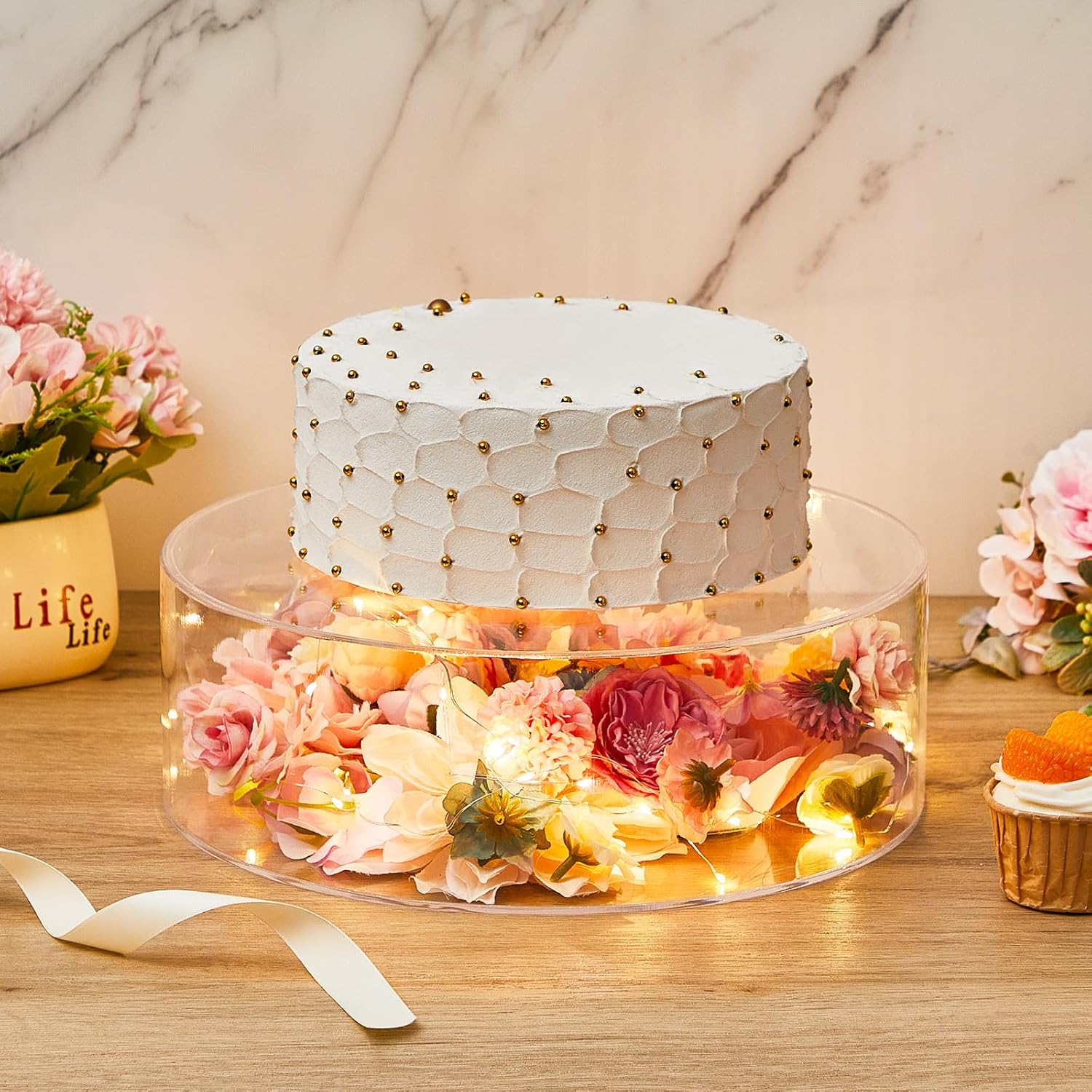 Sunnyray 2 Pcs Acrylic Cake Stands for Dessert Table Clear Fillable Cake Riser Cupcake Tier with LED Strings for