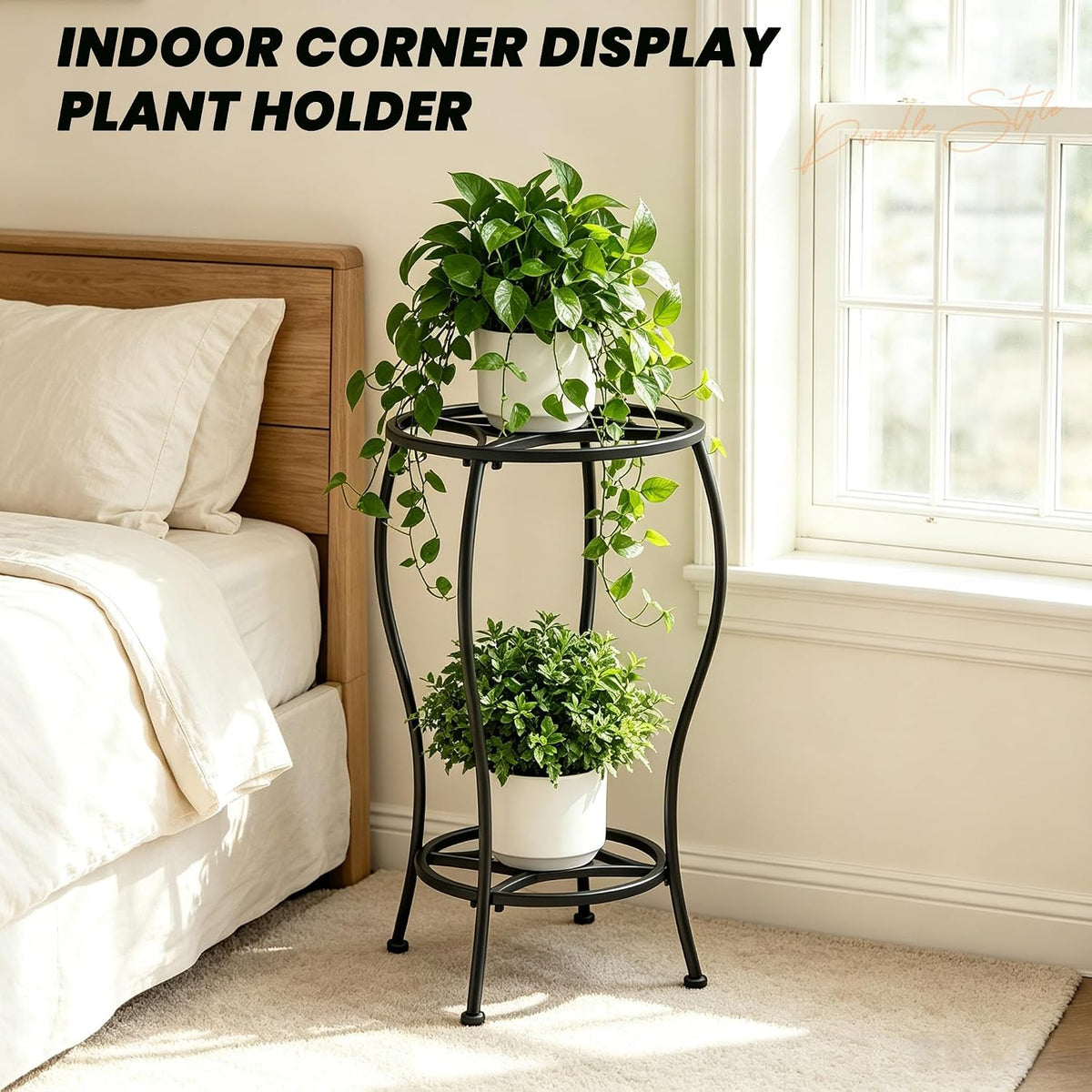 TOSKING 2-Tier Corner Metal Plant Stand, 28.7-Inch Geometric Shelf, Black | Curved-Leg Metal Plant Stand with Spacious