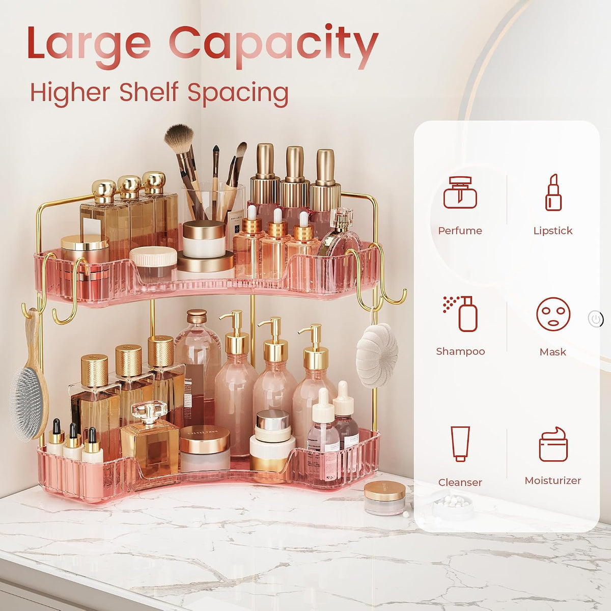 Delicate Pink 2-Tier Corner Counter Organizer Bathroom Organizers | Kitchen & Vanity Storage for PET Makeup Storage